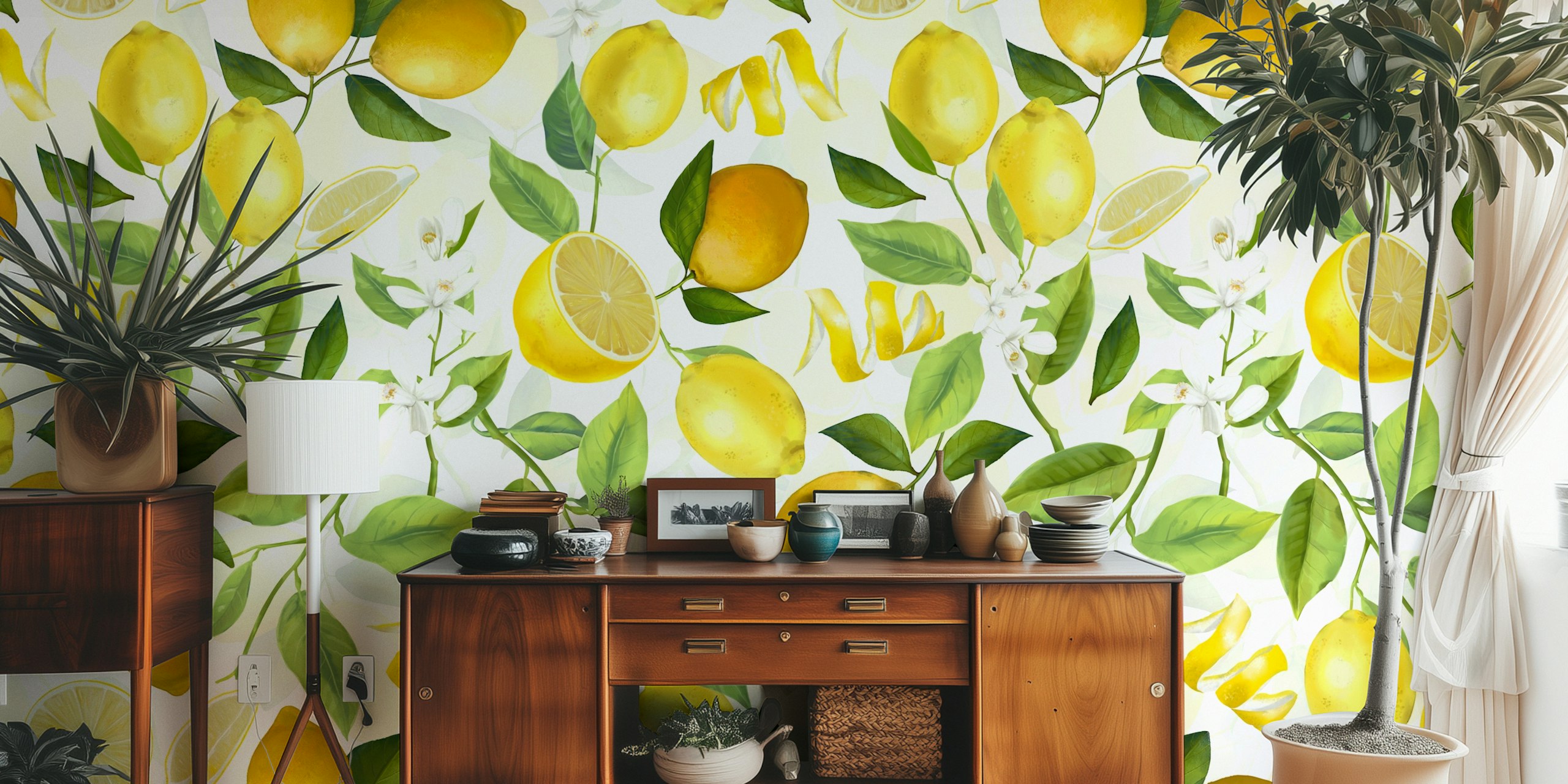 Lemon and leaf pattern in green and yellow wallpaper