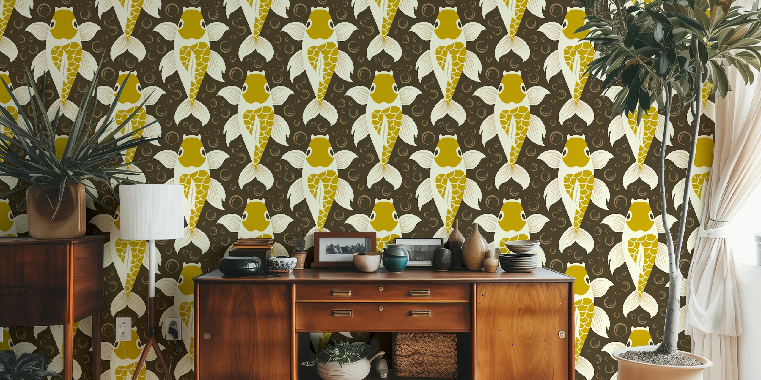 Golden koi fish pattern wallpaper in a room