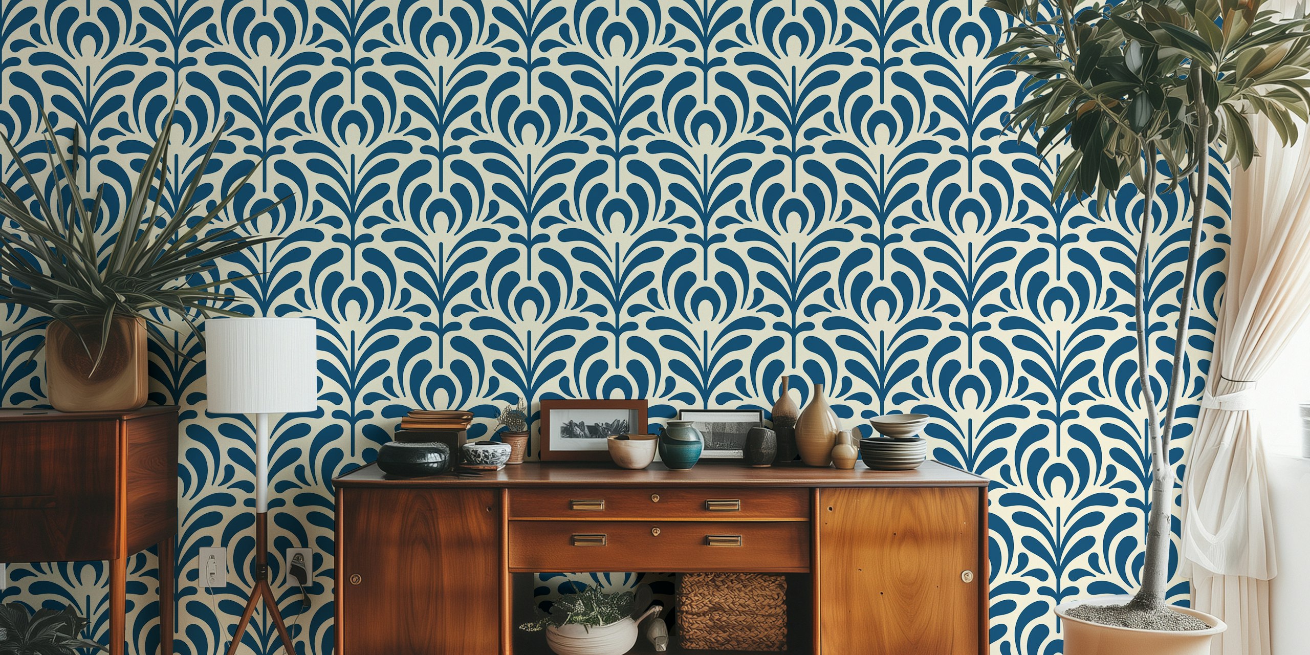 Abstract plant design in navy blue on cream background wallpaper
