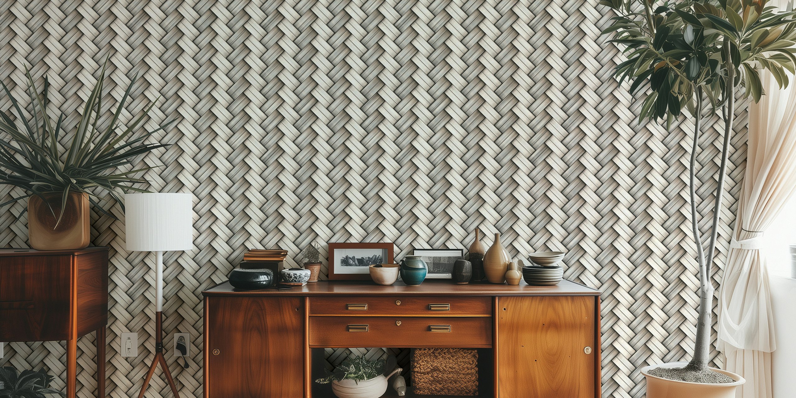 Papel de parede Silver Carbon Fiber Texture em um quarto