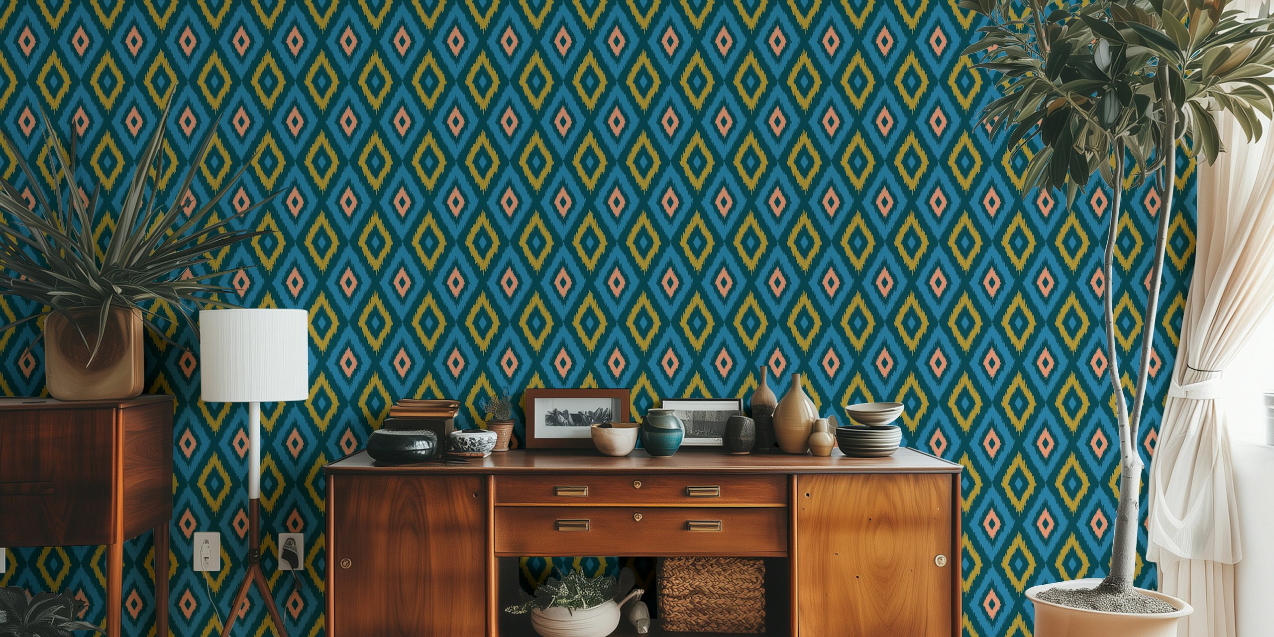 Diamond Ikat Boho Woven Exotic Blue Teal ταπετσαρία