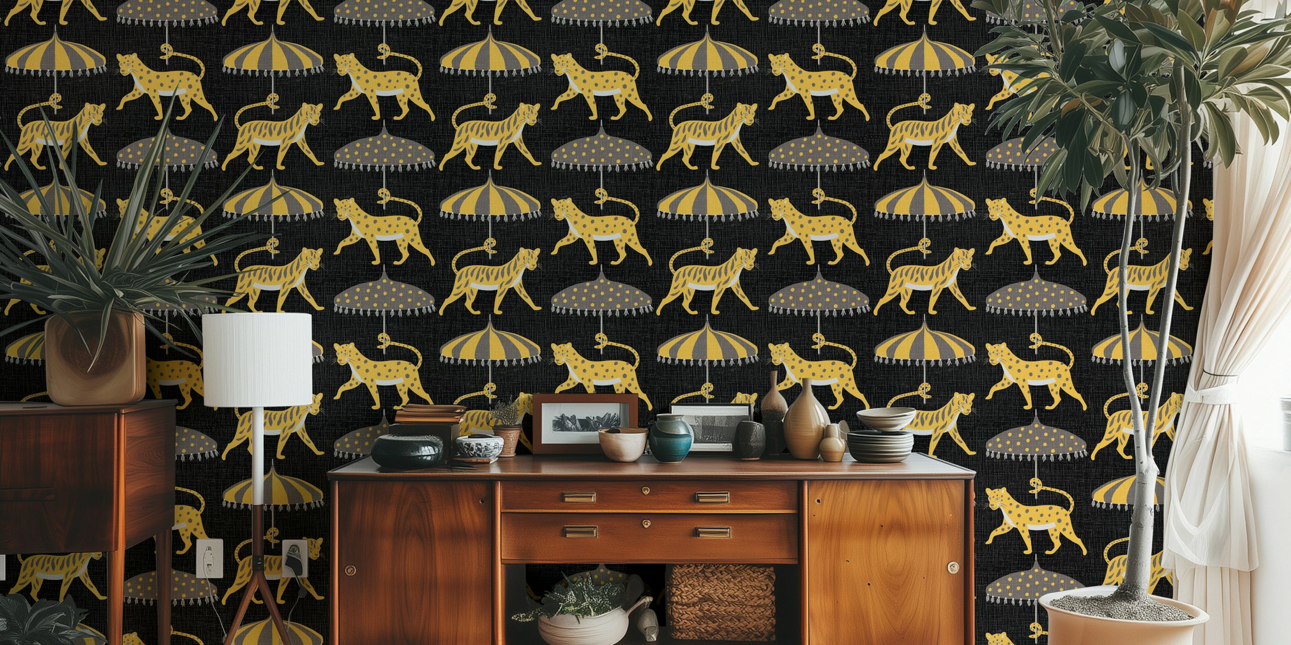 Big cats with parasols tapetdesign