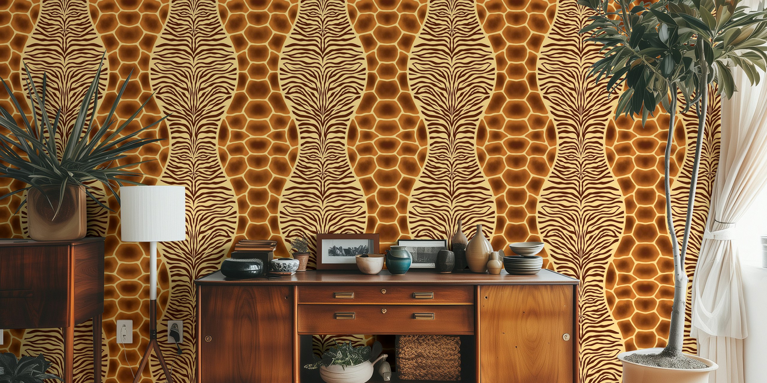 Natural Zebra and Giraffe Animal Print Wall Mural
