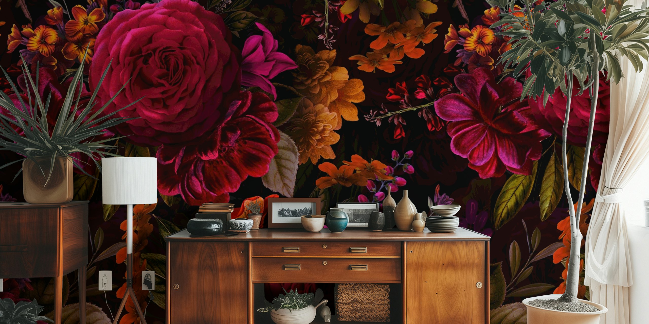 Vintage sommer blomster tapet i et rum