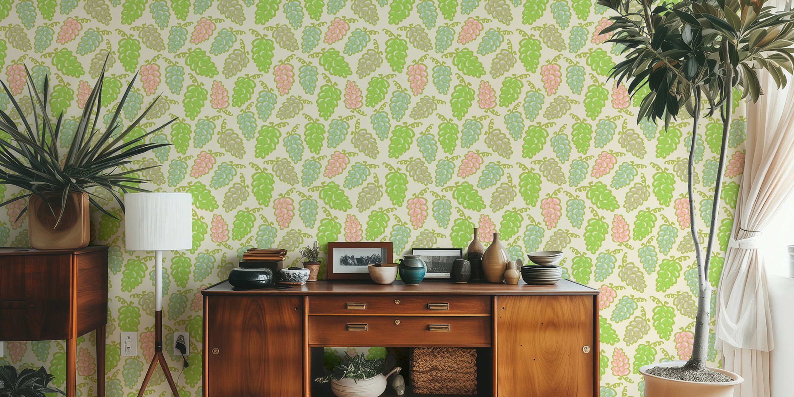 Colorful grapes in pastels of green and pink wallpaper