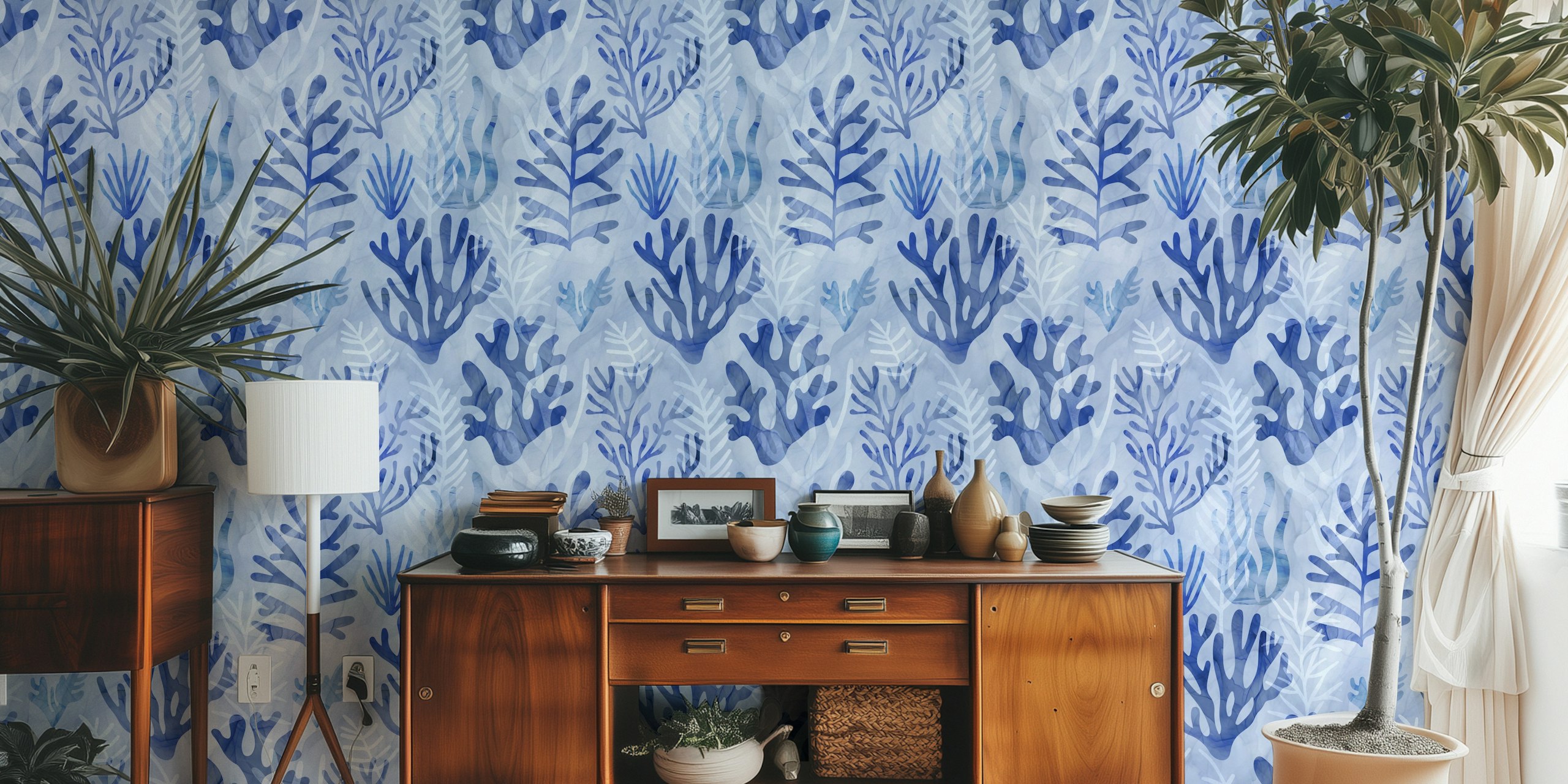 Navy blue underwater coral wallpaper in room
