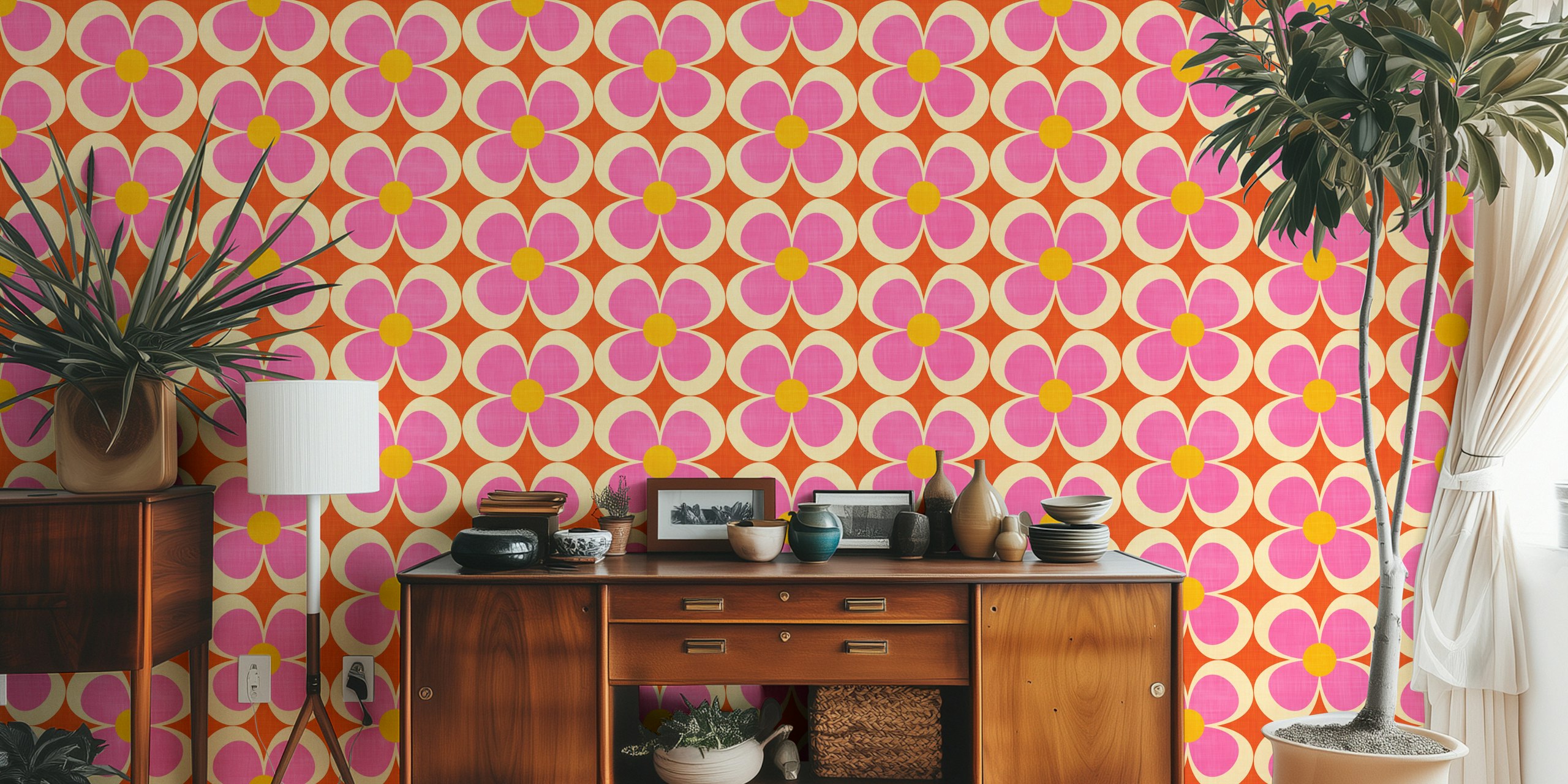 Pink and orange geometric floral wallpaper with large petals and circles