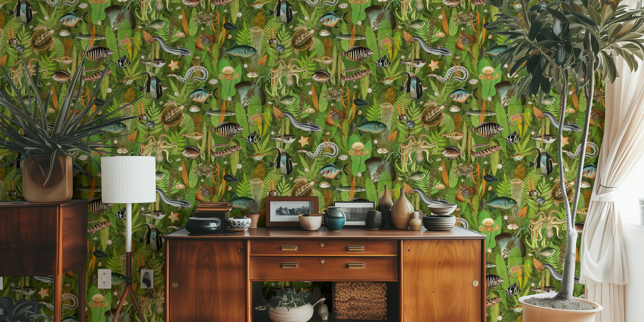 Olive green and orange aquatic plant pattern wall mural