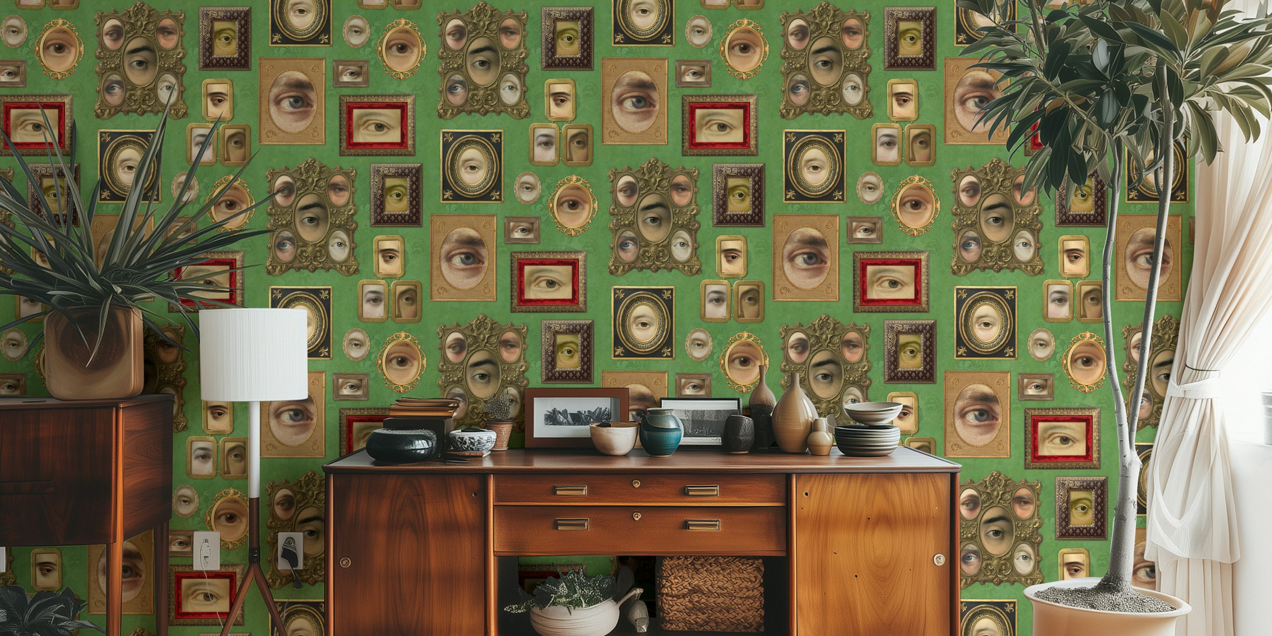 Victorian portraits with eyes in ornate frames on green wallpaper