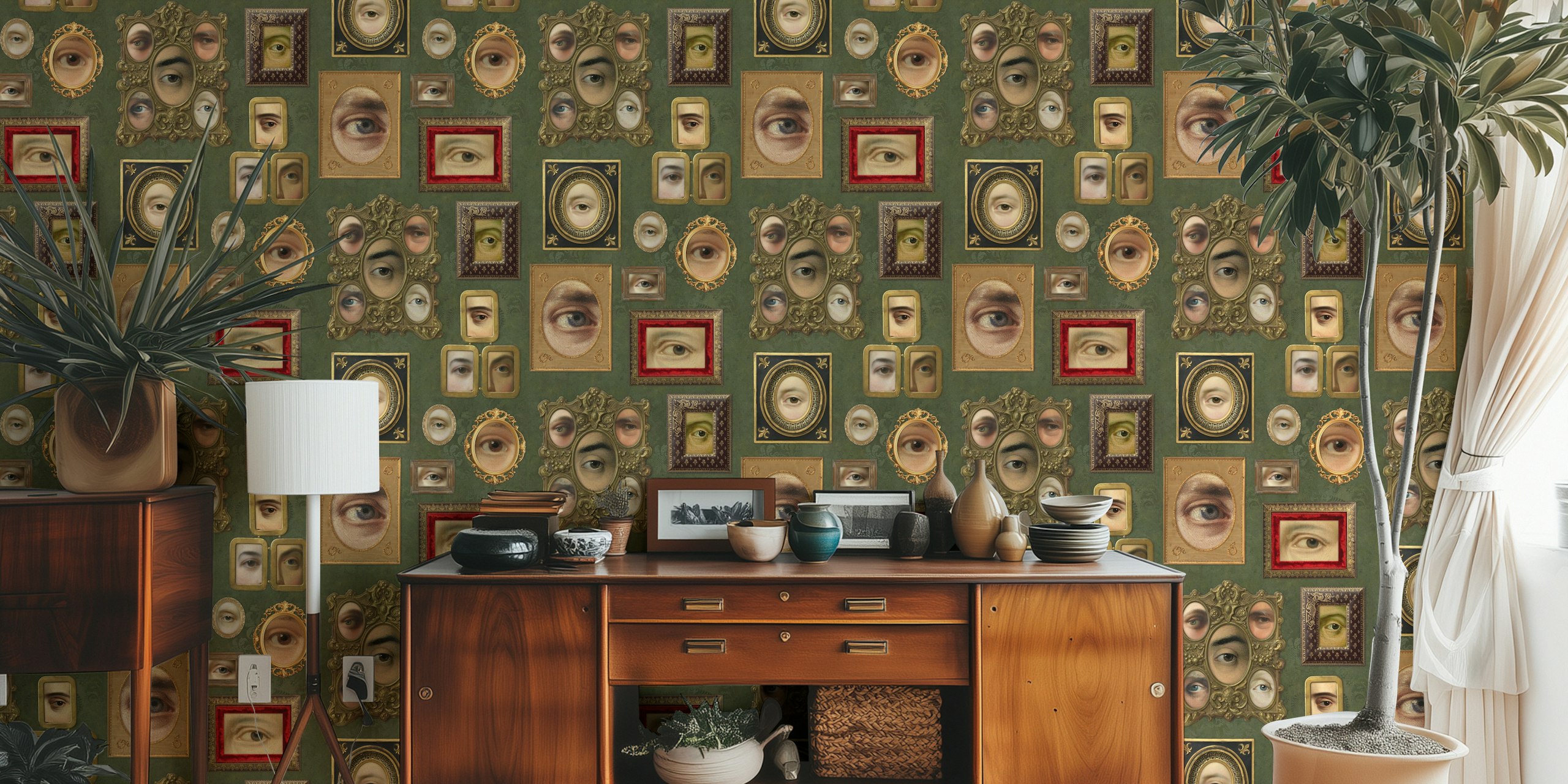 Victorian portraits in framed eyes on olive green wallpaper