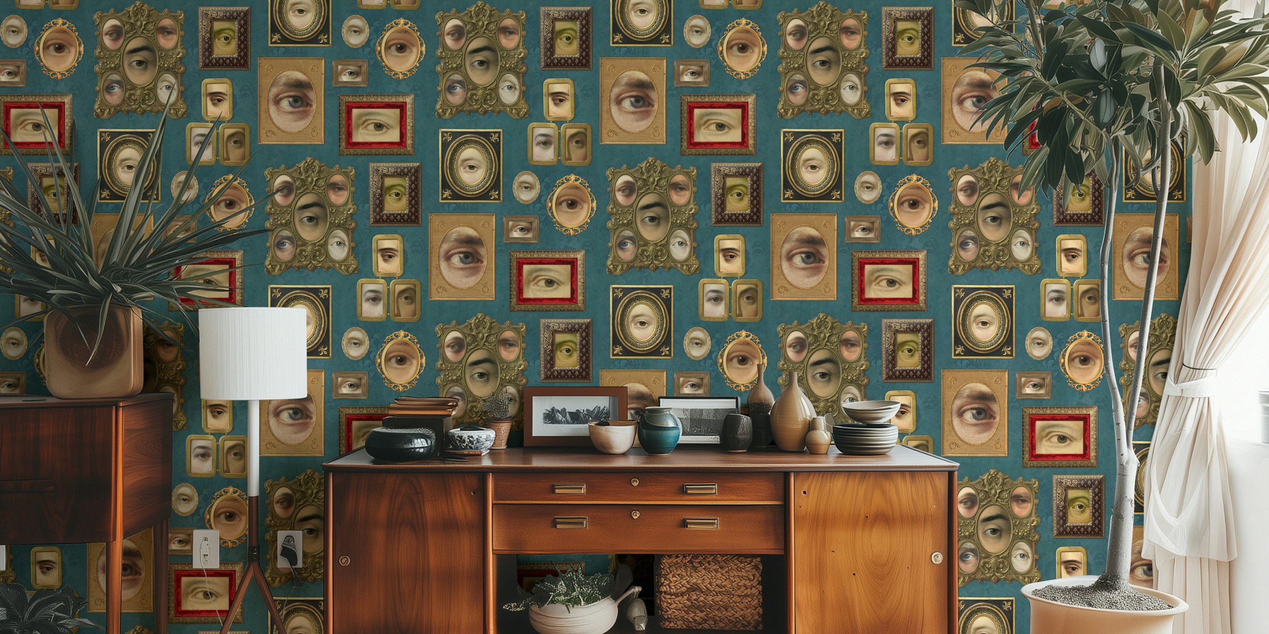 Teal blue wallpaper with Victorian portrait eyes