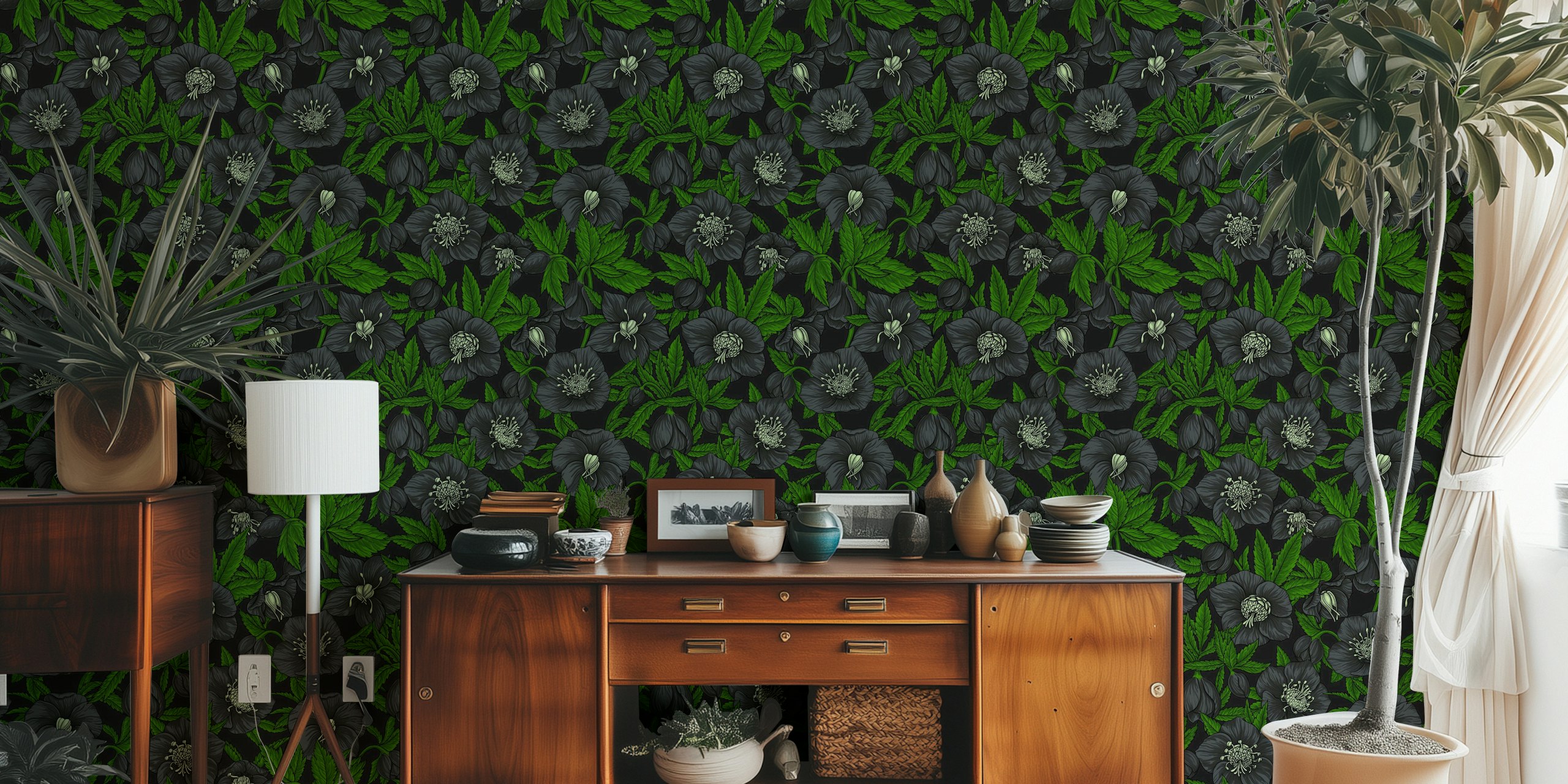 Black floral wallpaper with hellebores and green leaves in intricate design