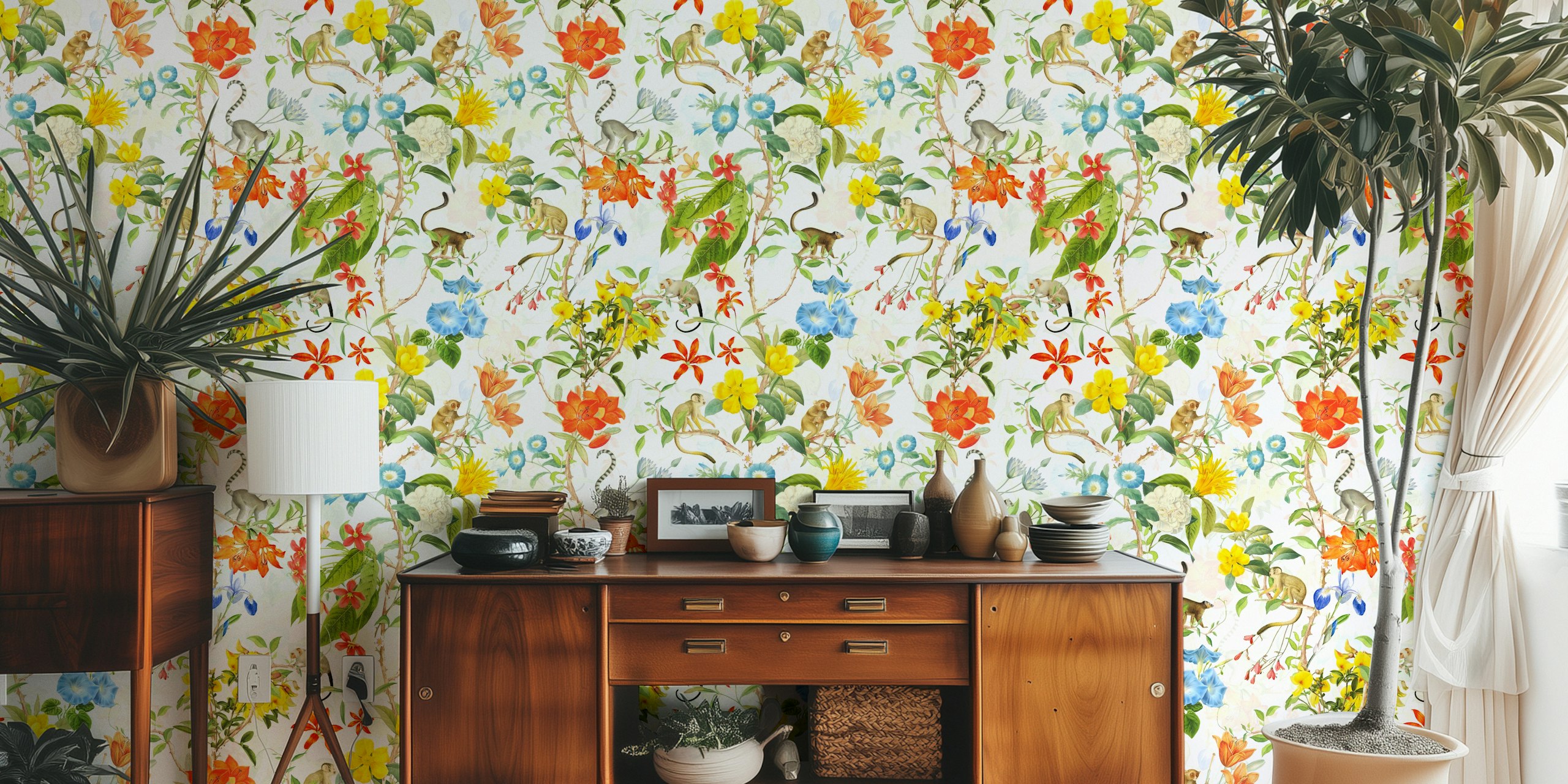 Monkeys and colorful flowers in a Chinoiserie garden wallpaper