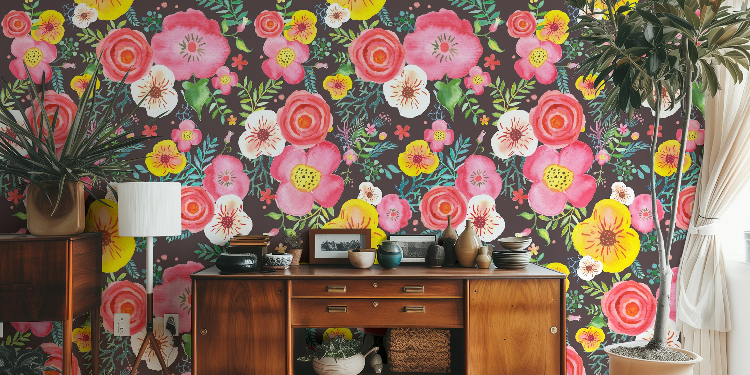 Colorful garden flowers in pink, yellow, and white on dark background wallpaper