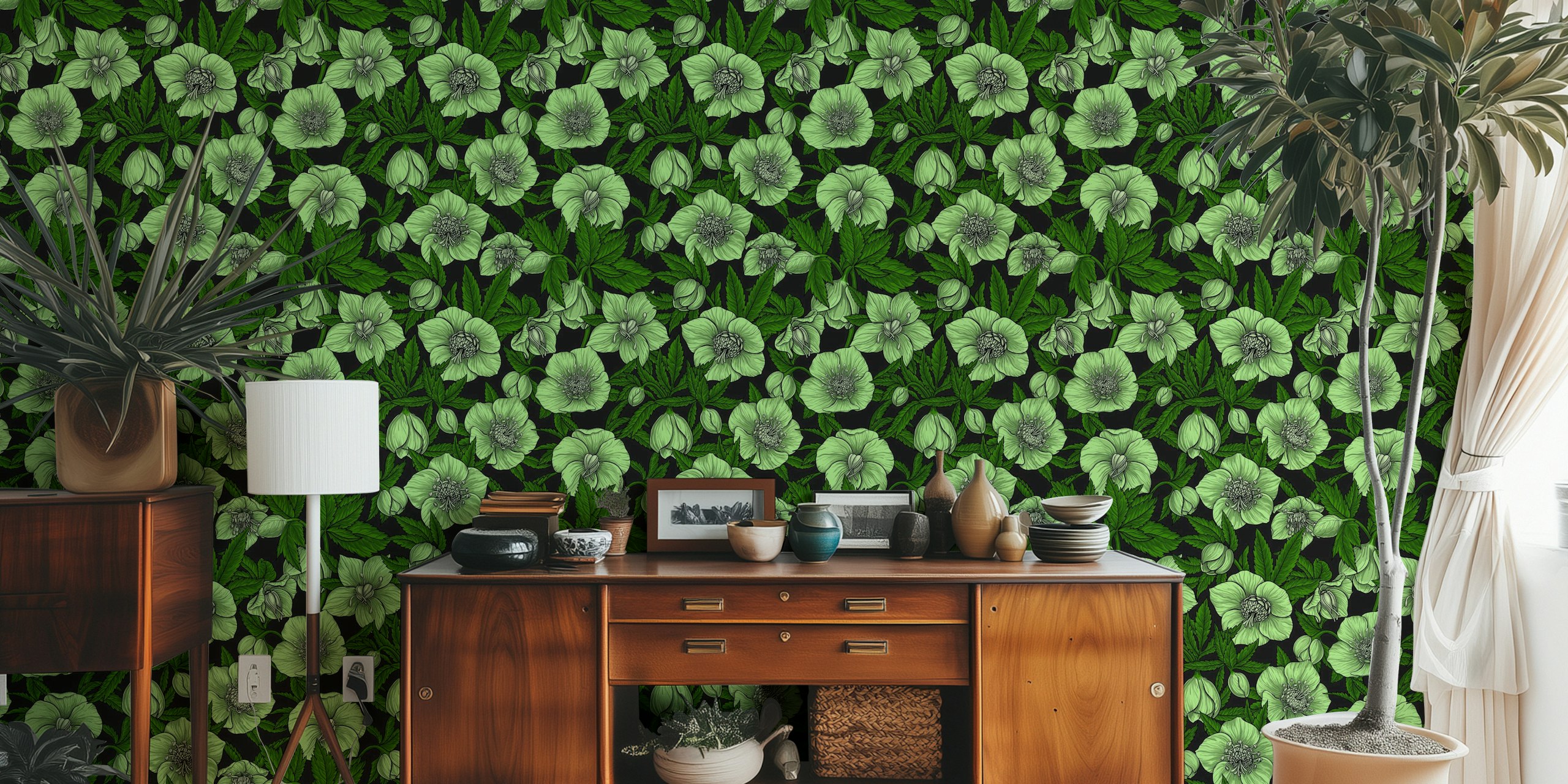 Green floral pattern with white hellebores and leaves wallpaper