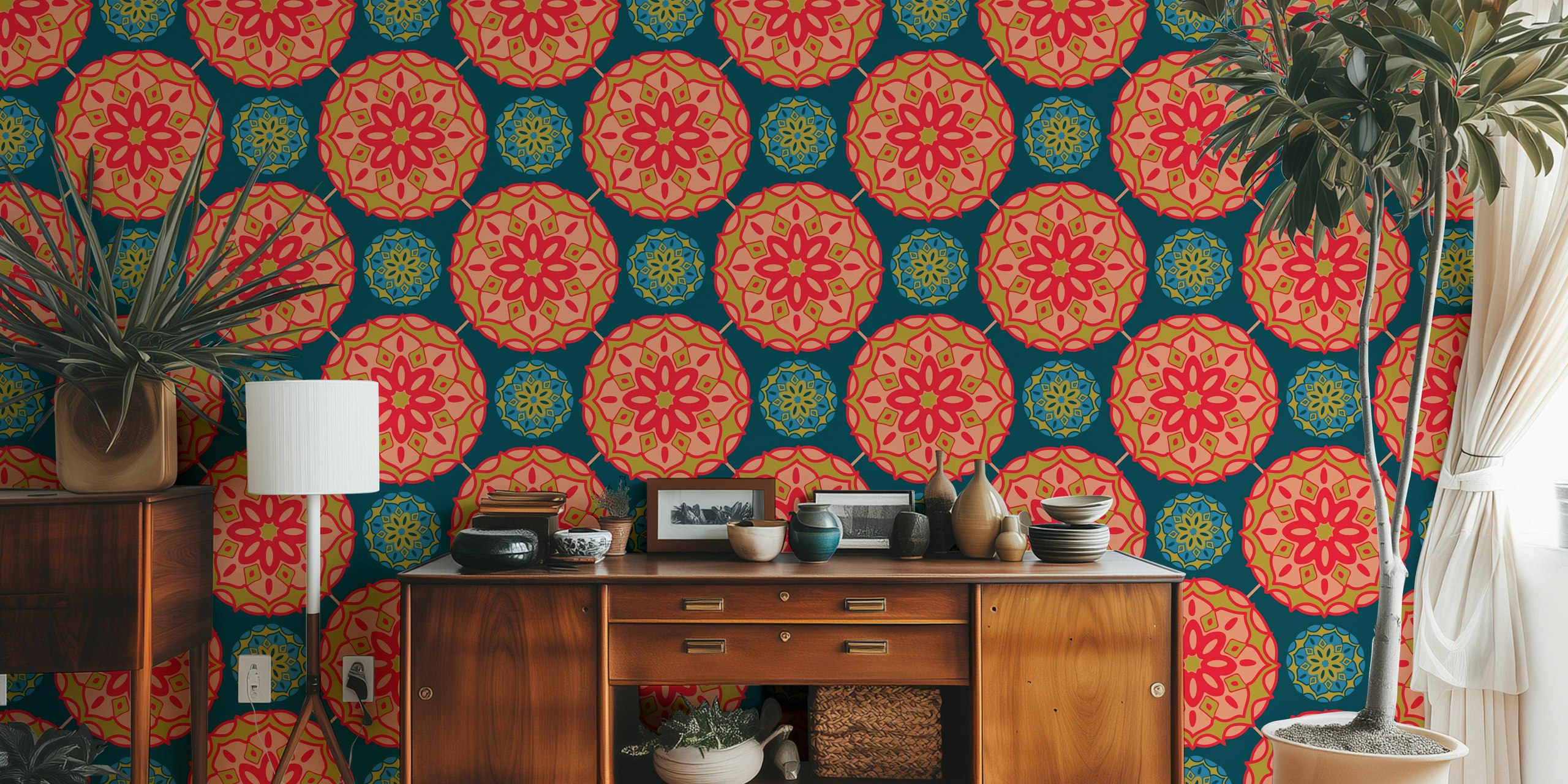 Bohemian Floral Mandala Red wallpaper in a room