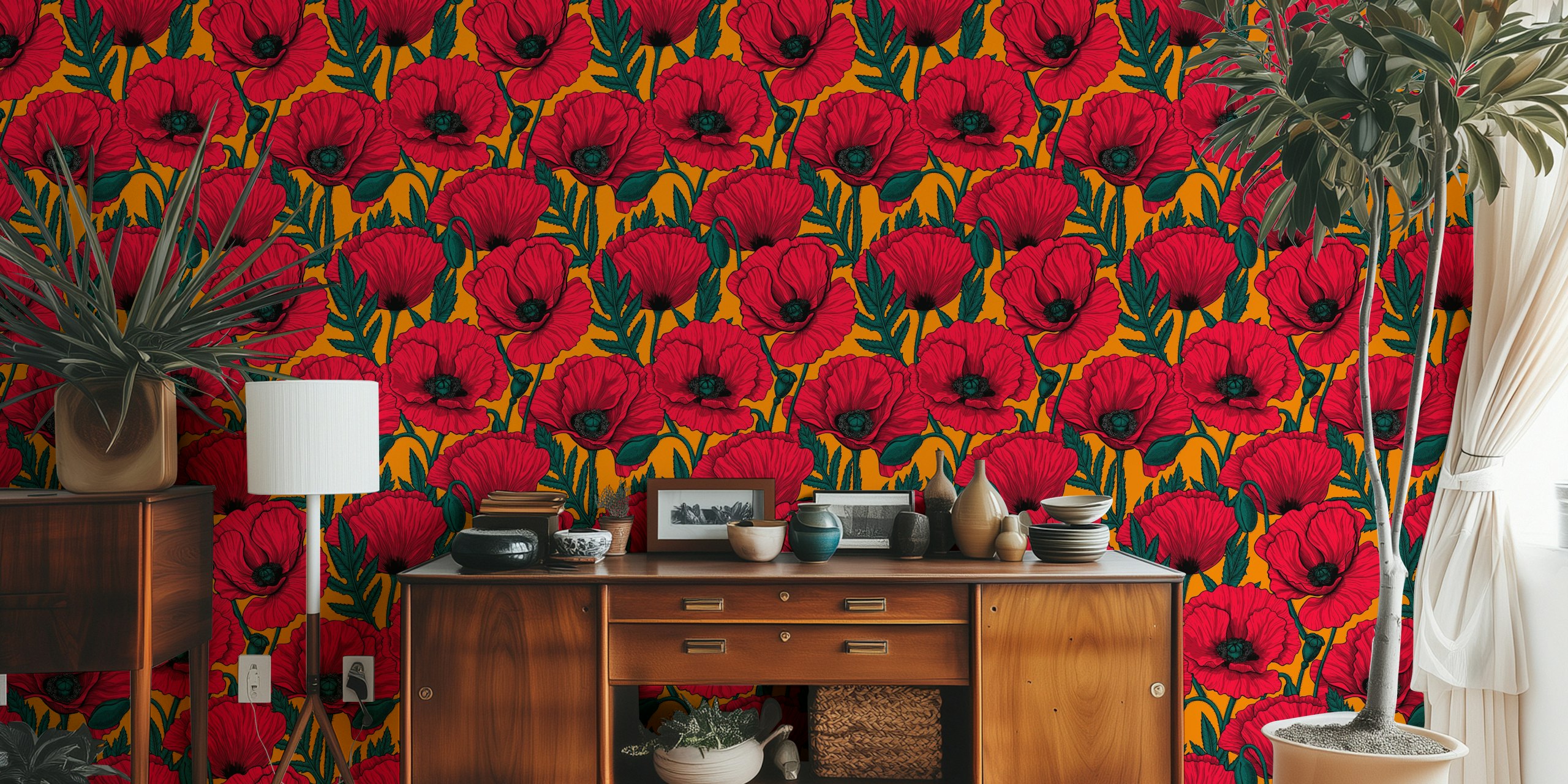 Papel de parede Red poppy garden exibido em um quarto