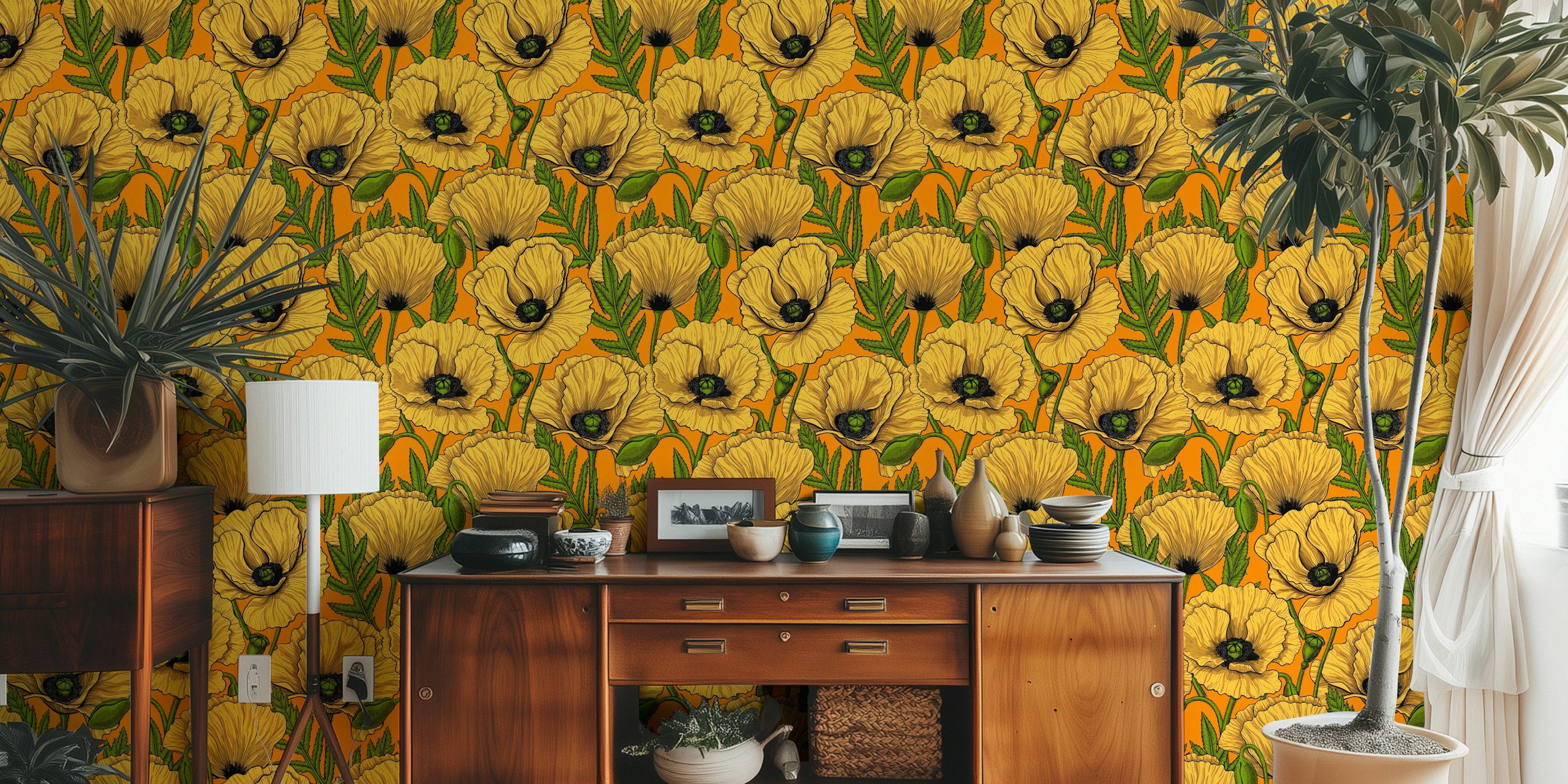 Yellow poppy flowers wall mural on a warm background for home decor