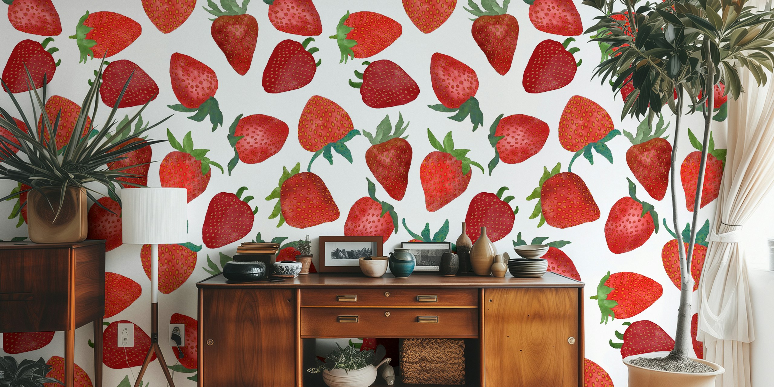 Watercolor strawberries in red with green leaves wallpaper
