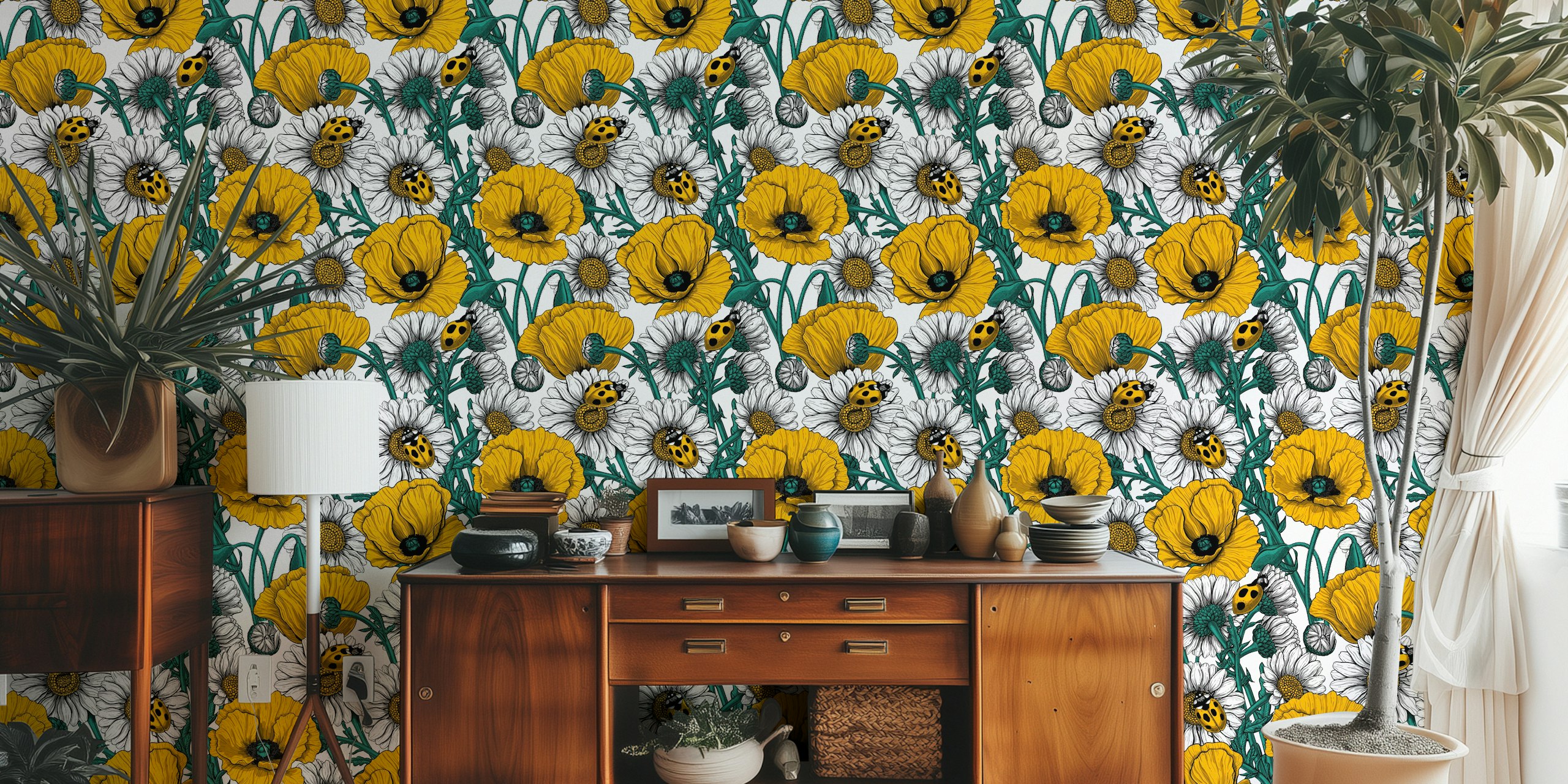 Vibrant meadow wallpaper design in a room