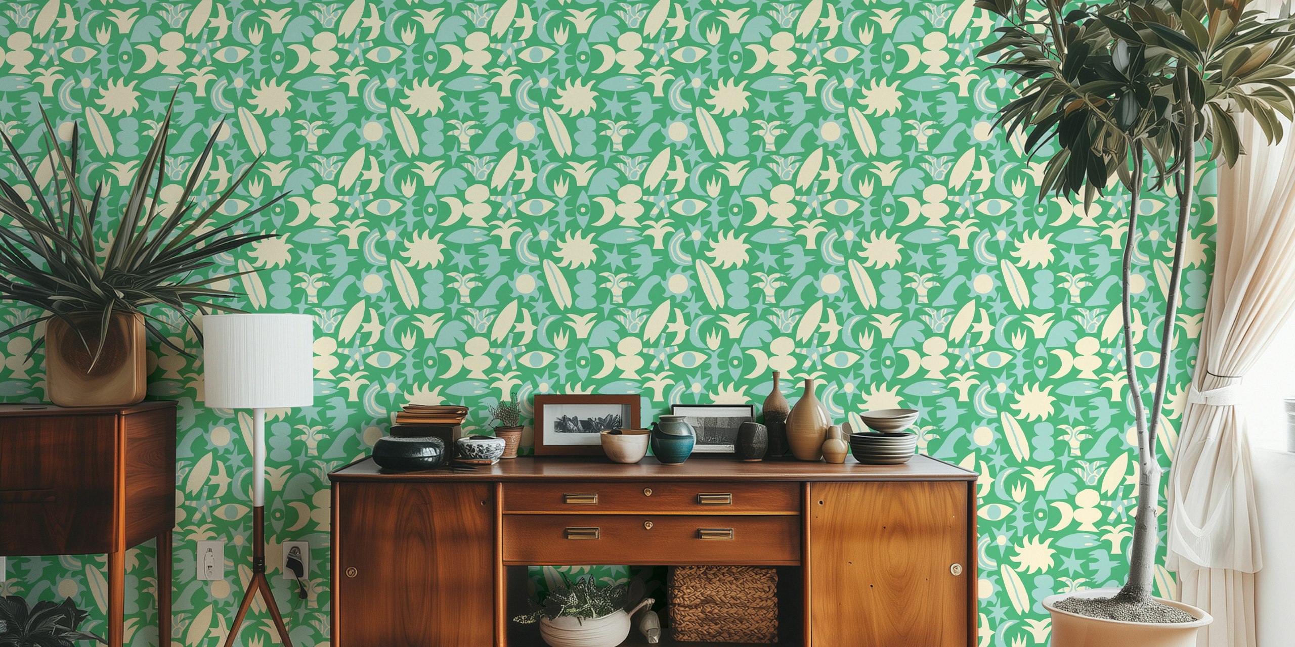 Vibrant green wallpaper design with playful patterns
