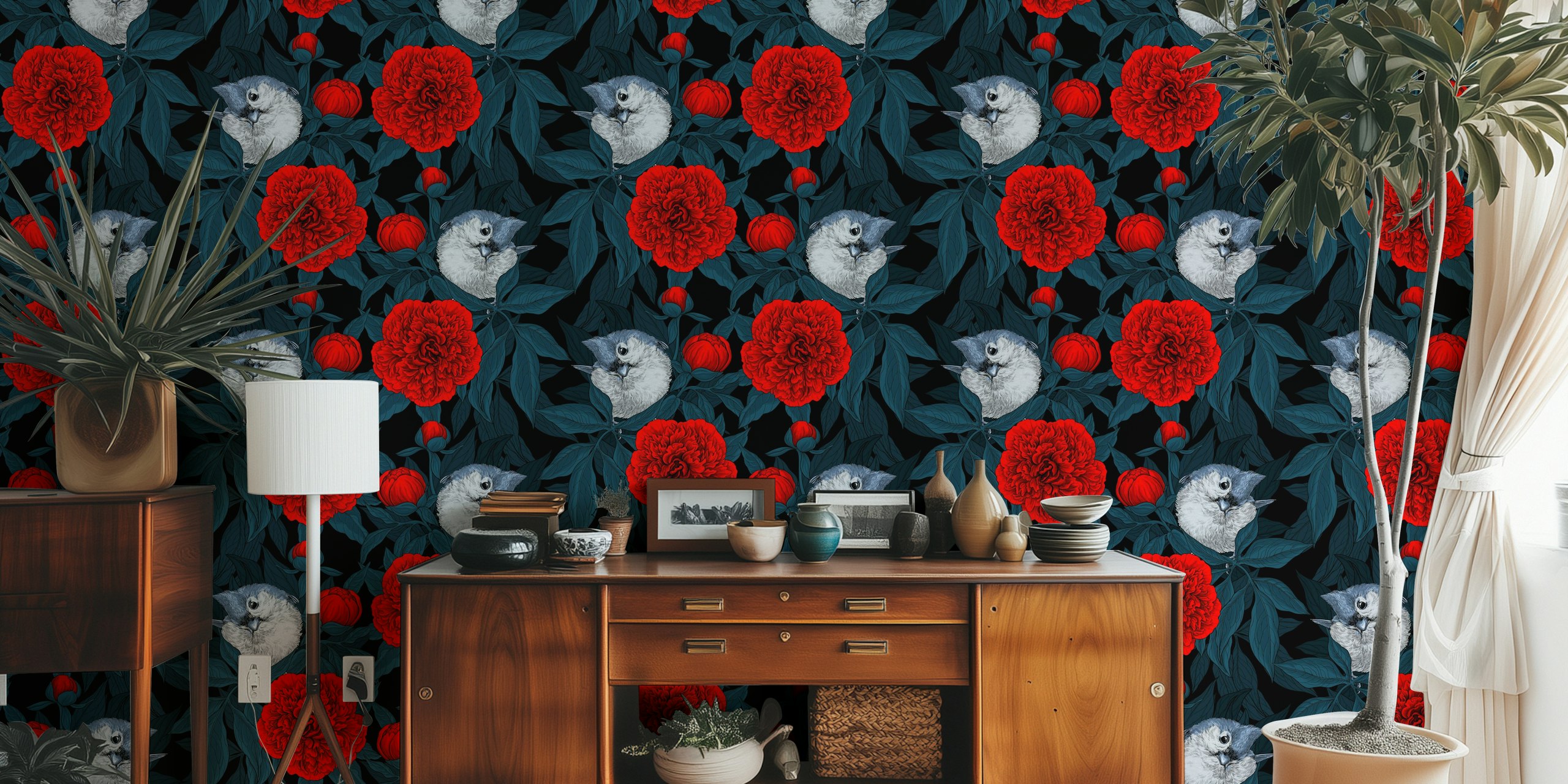 Wallpaper featuring birds and red peony flowers