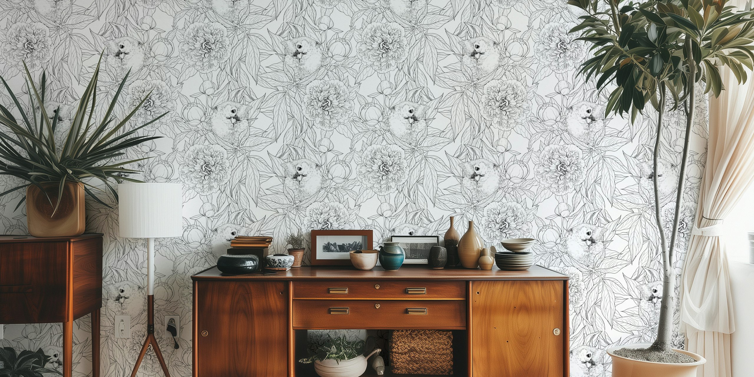 Birds and peony flowers in black and white wallpaper