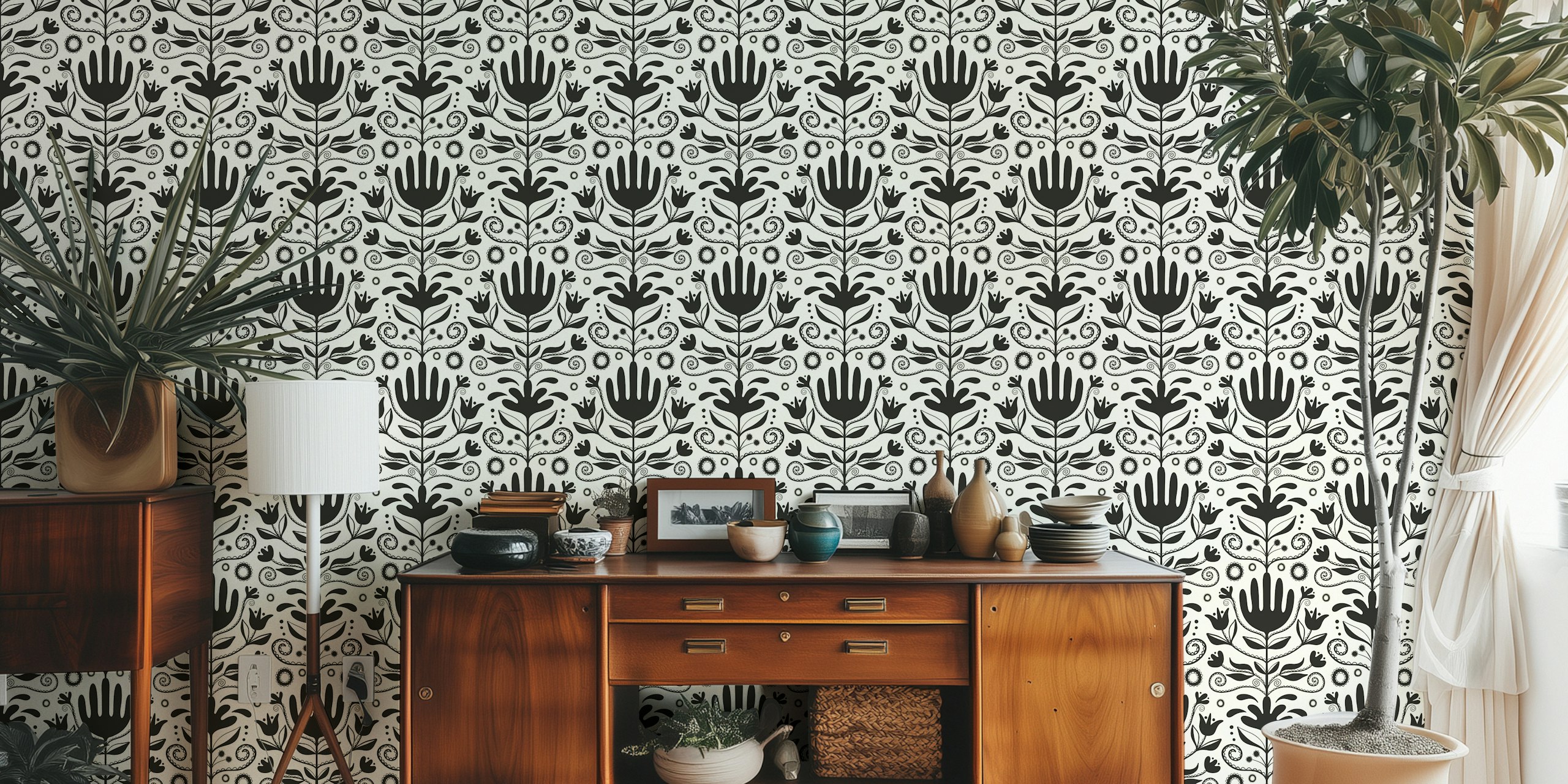 Nordic floral black wallpaper in a room