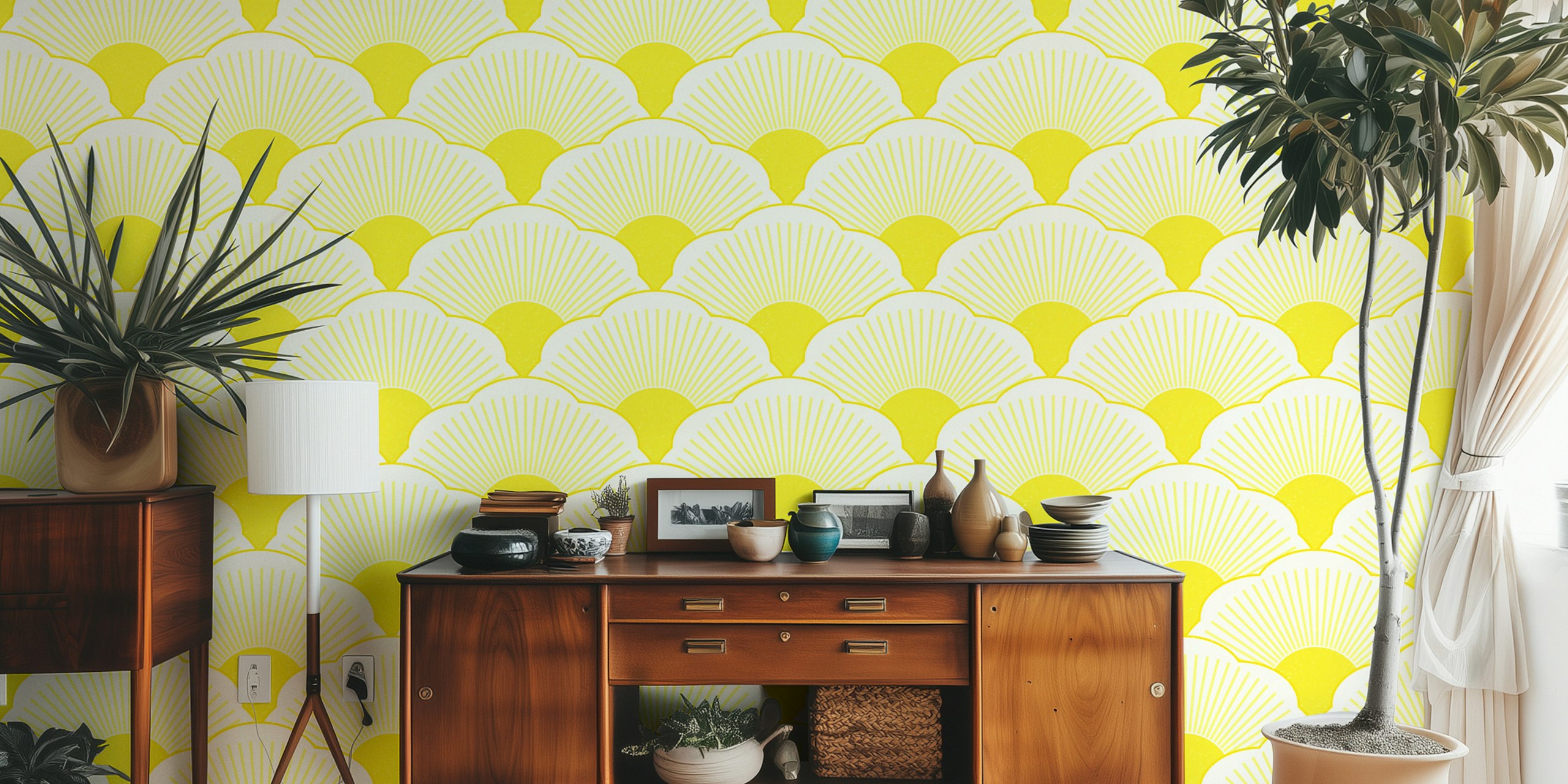 Gul Sunset tonal yellow concrete texture tapet i et rom