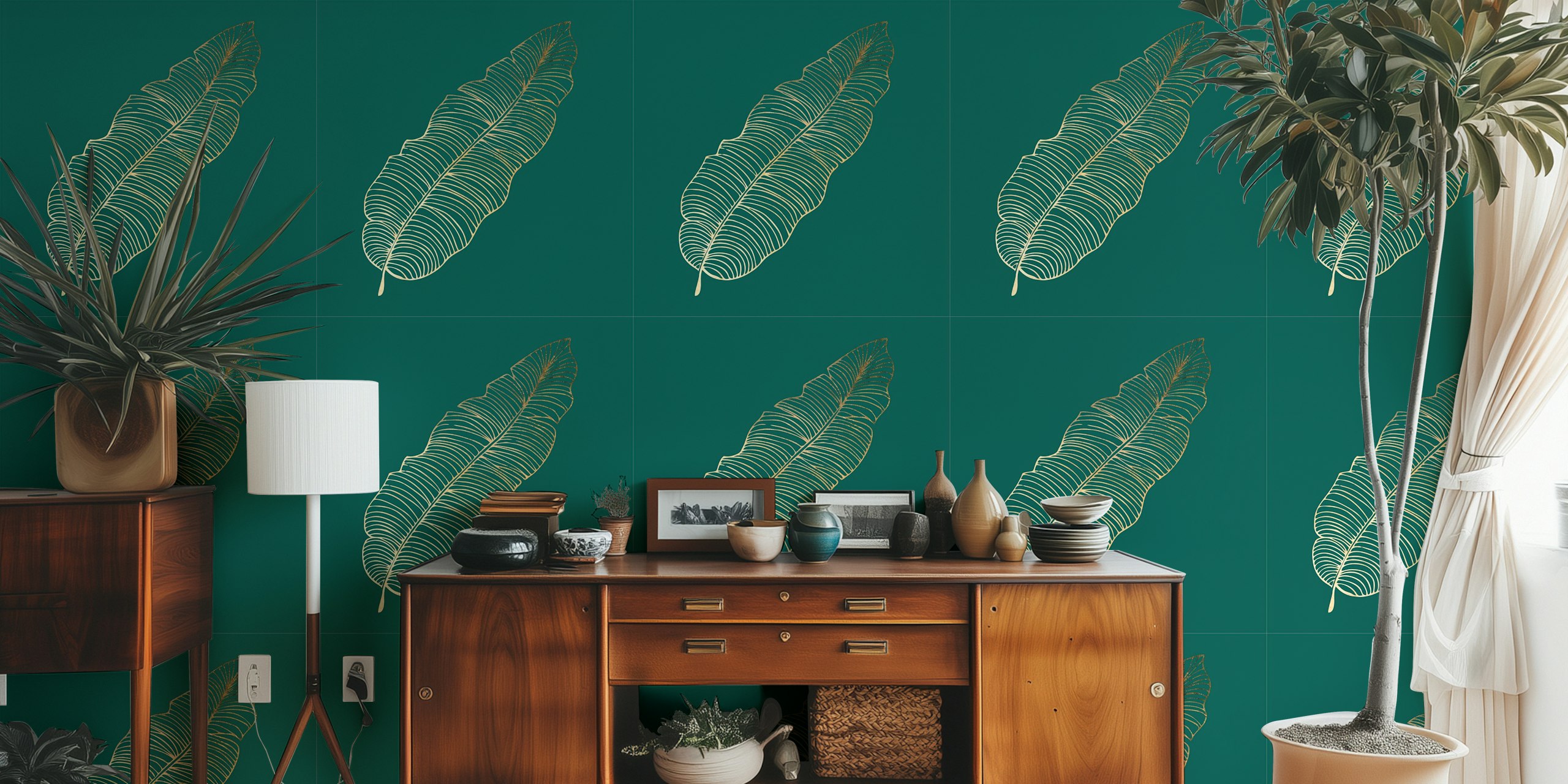Tapeta Dark green s designem golden palm leaf
