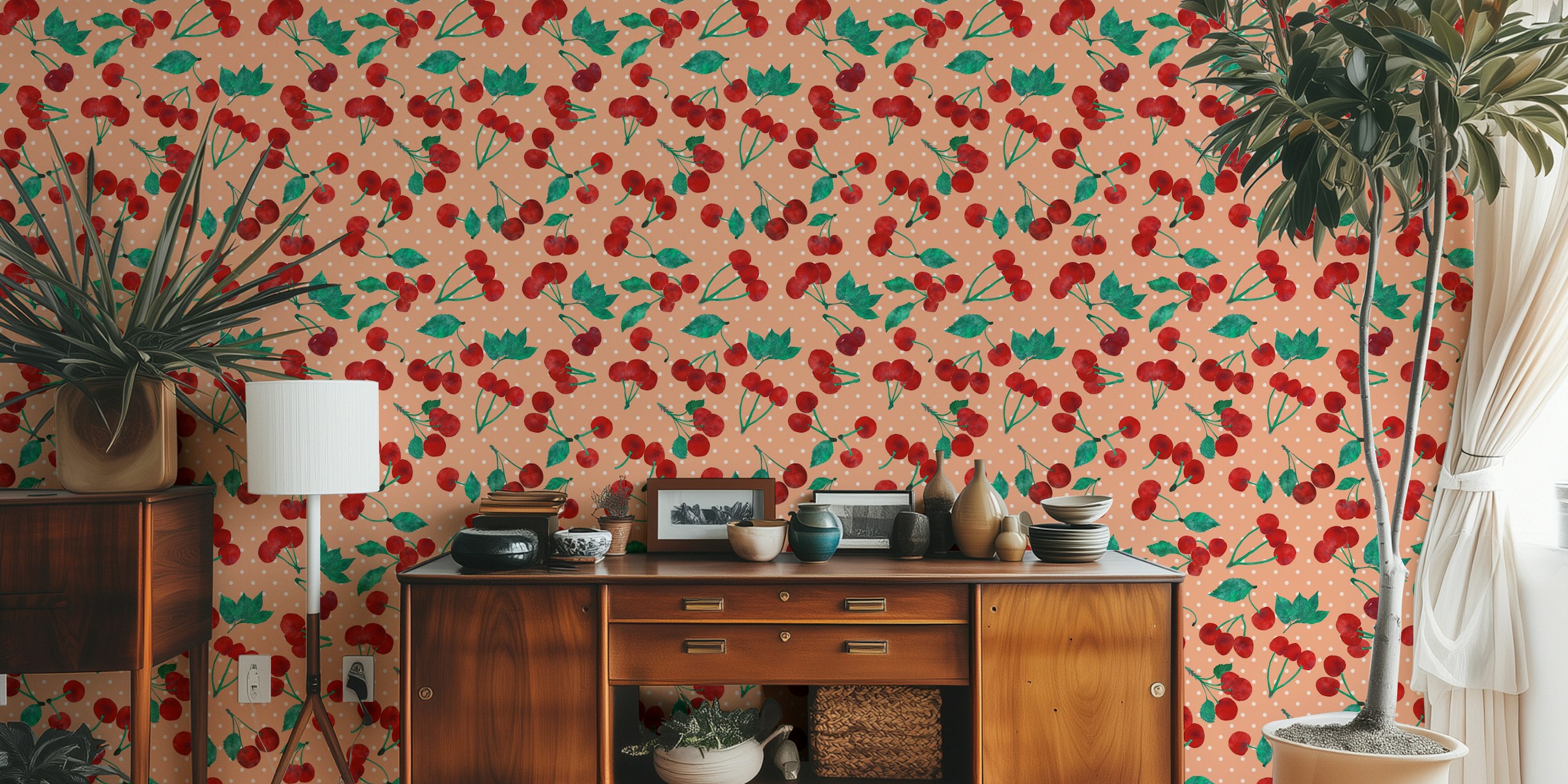 Red watercolor cherries wallpaper design