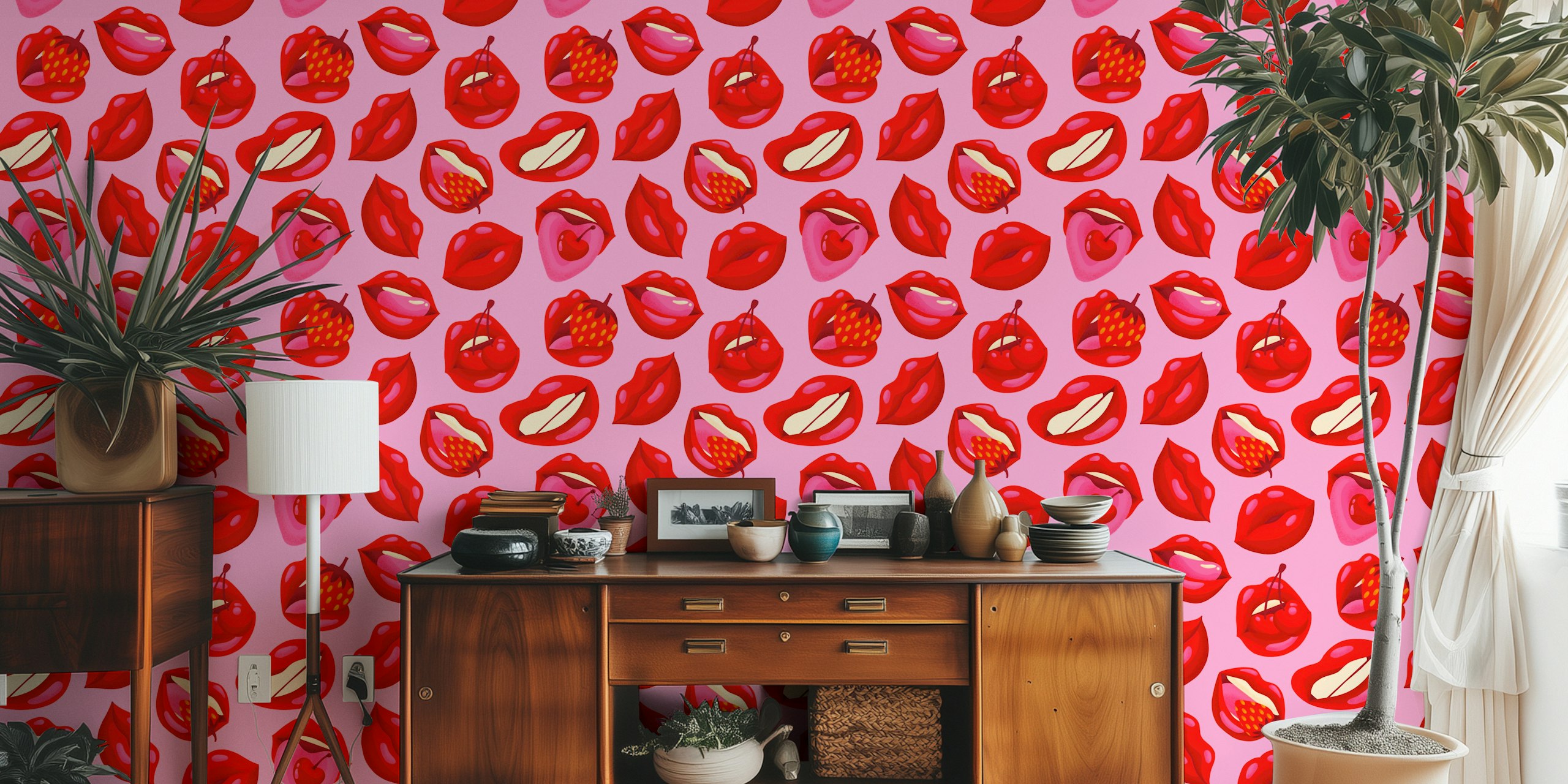 Rode lippen en fruitpatroon op roze achtergrond wallpaper