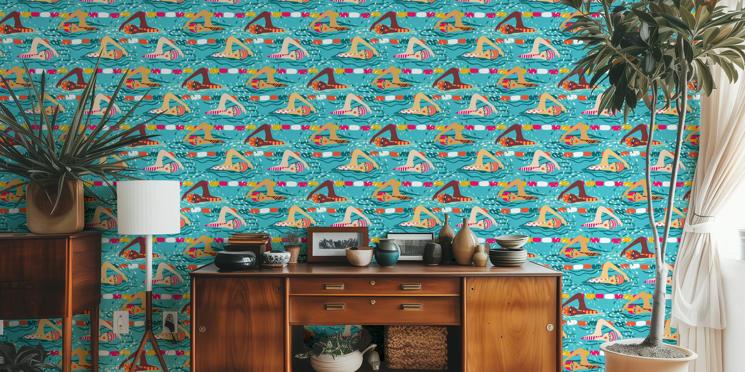 Swimming pool lanes with swimmers in colorful caps and goggles, blue background wallpaper