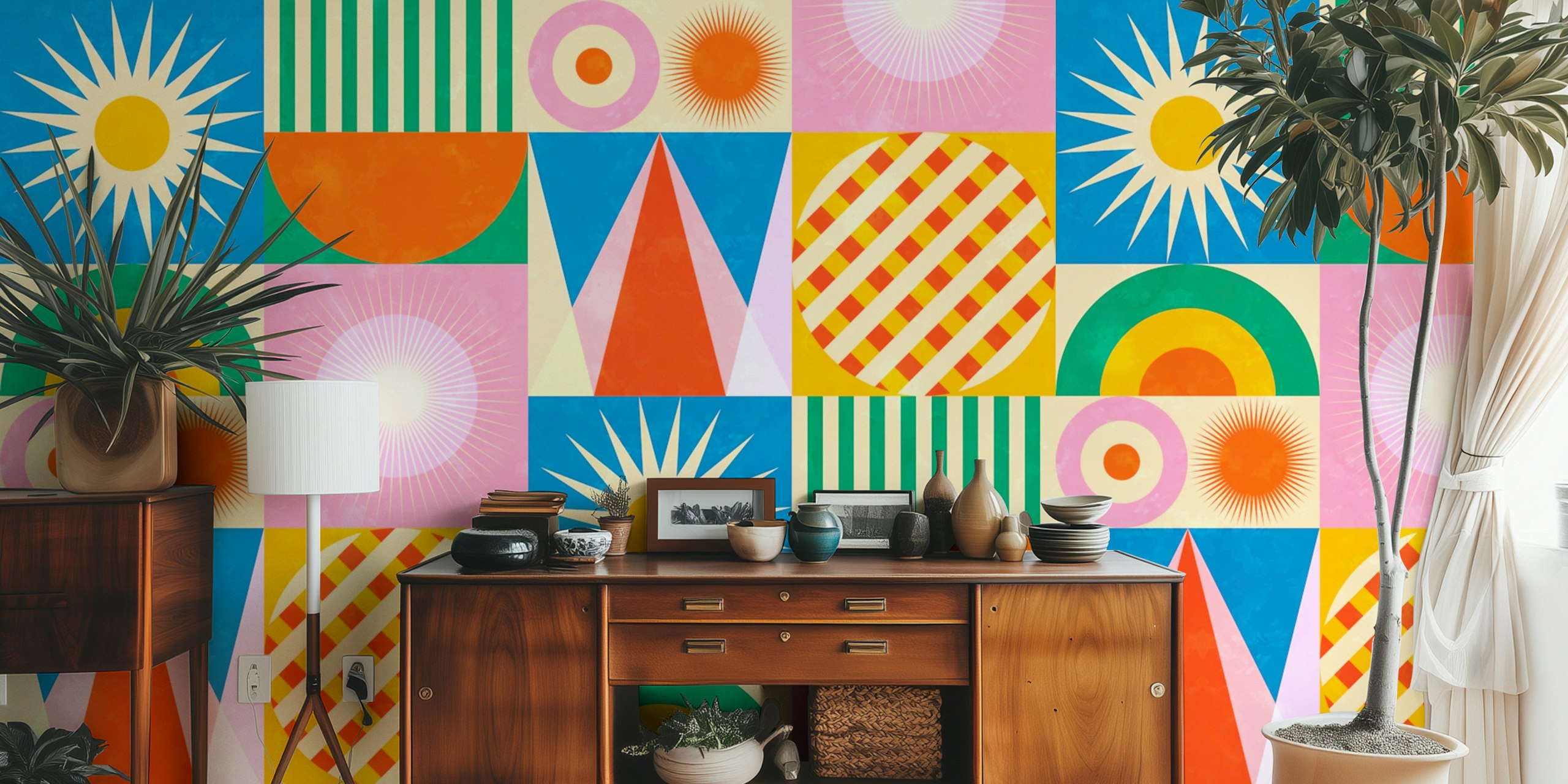 Colorful geometric pattern with vibrant shapes and colors wallpaper