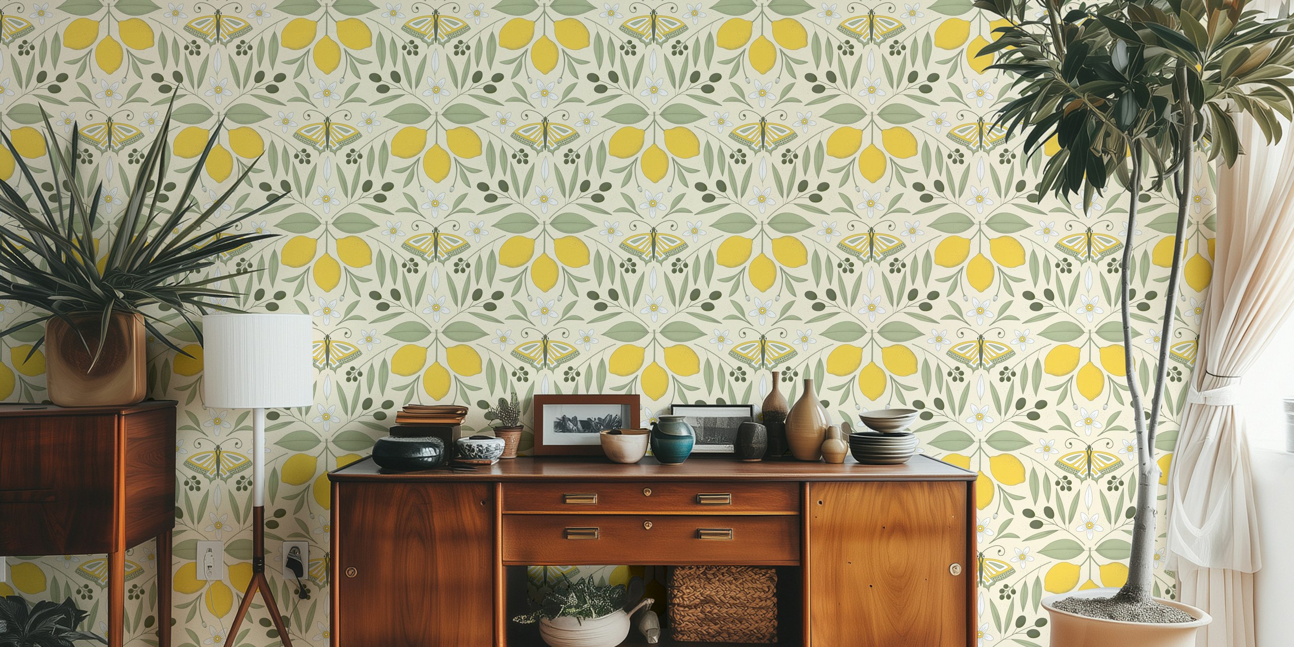 Lemon and olive pattern with butterflies on cream wallpaper