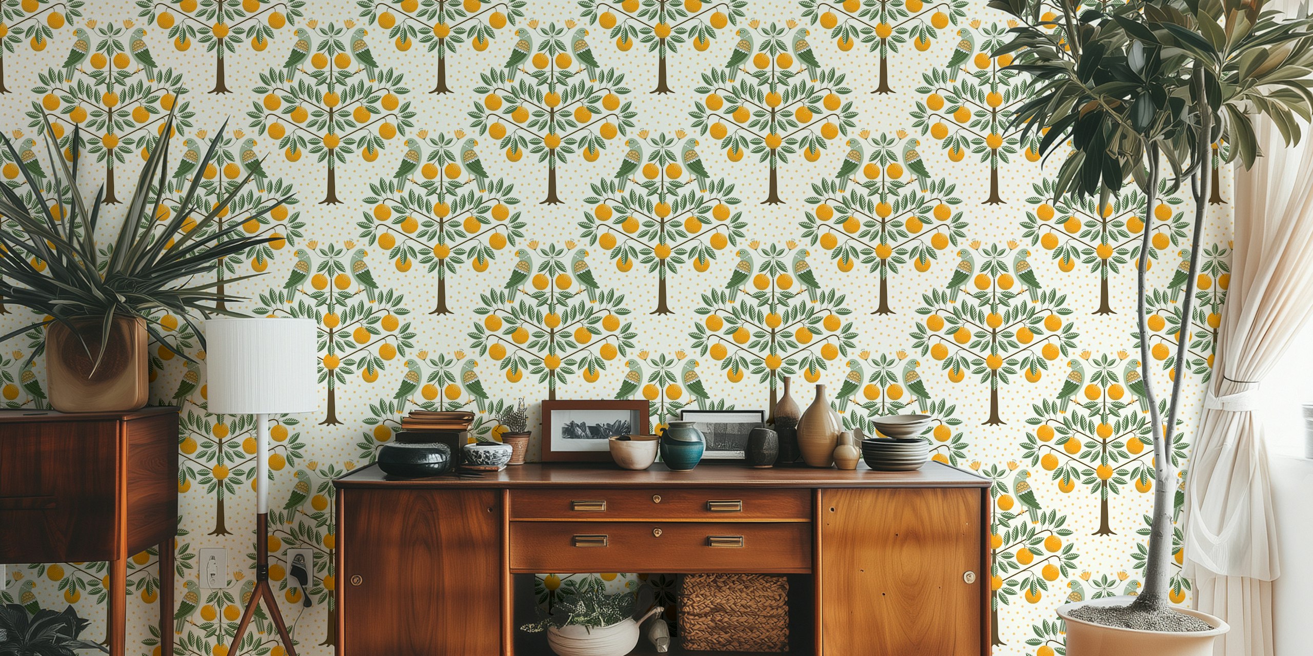 Parrots and orange tree design with green leaves and orange fruit wallpaper