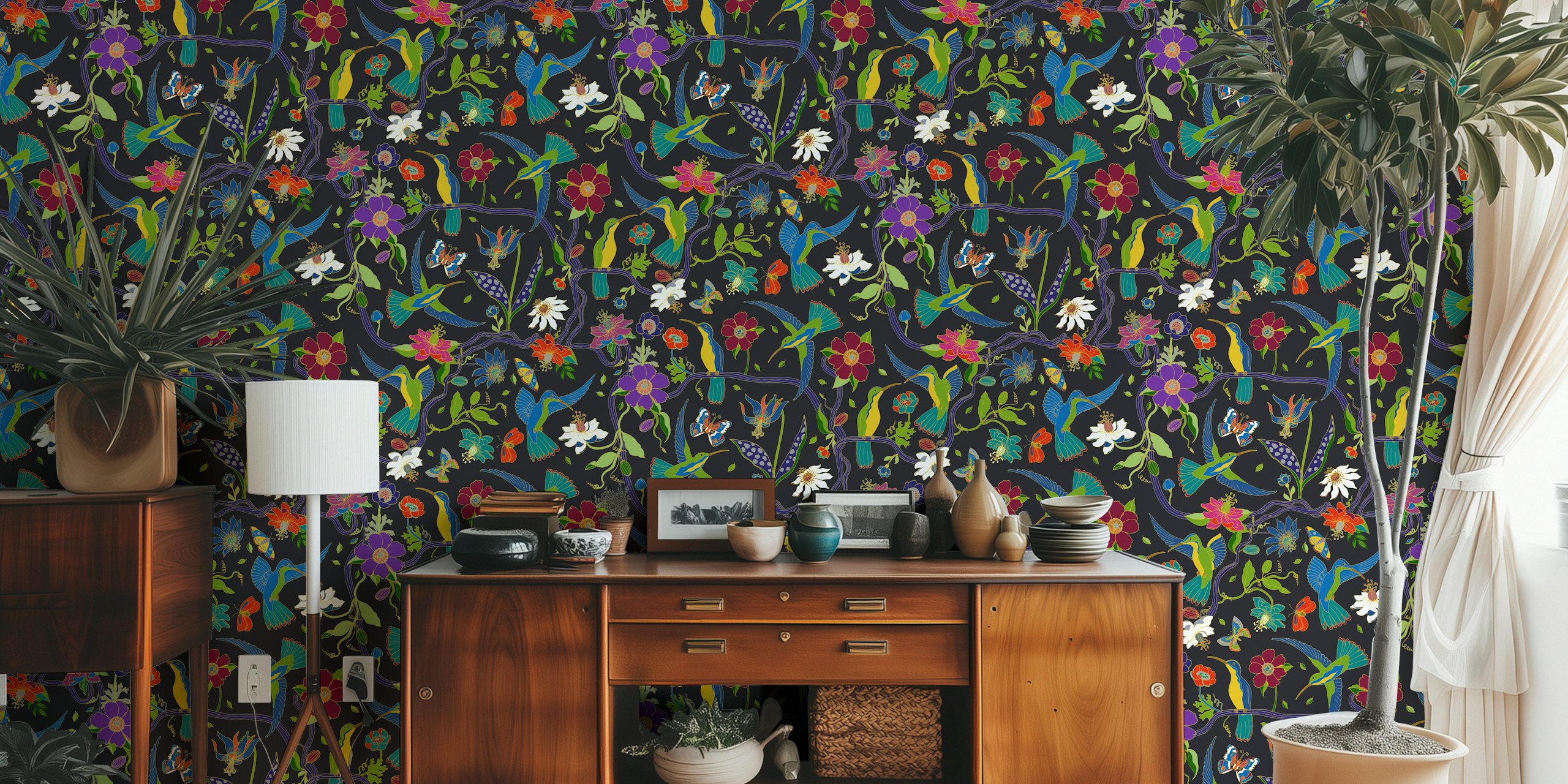 Colorful hummingbirds and passion flowers on black background wallpaper