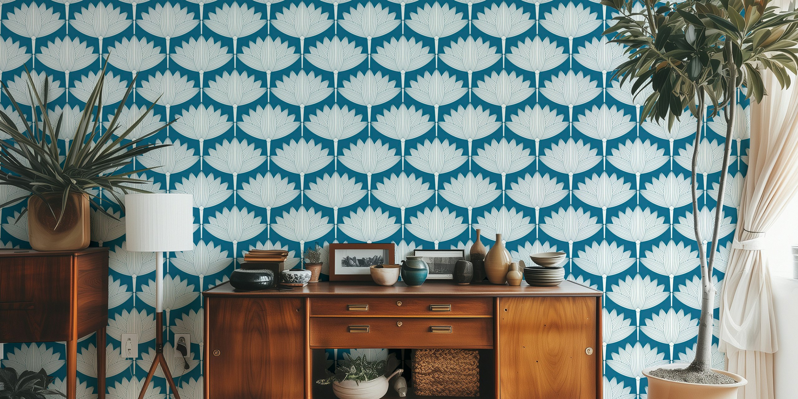Teal floral design featuring lotus flowers on a wallpaper