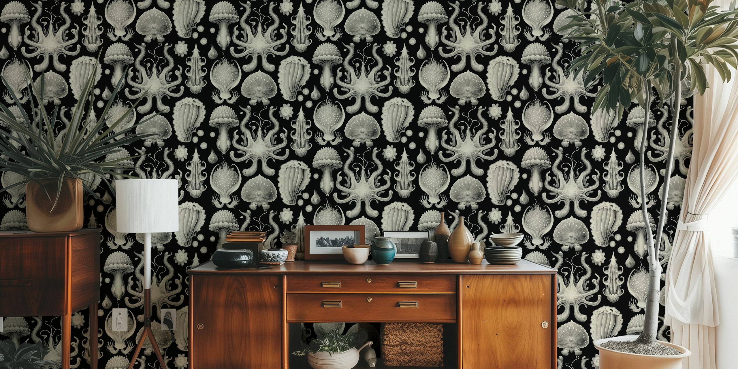 Strange Mollusks Toile de Jouy wallpaper in a room