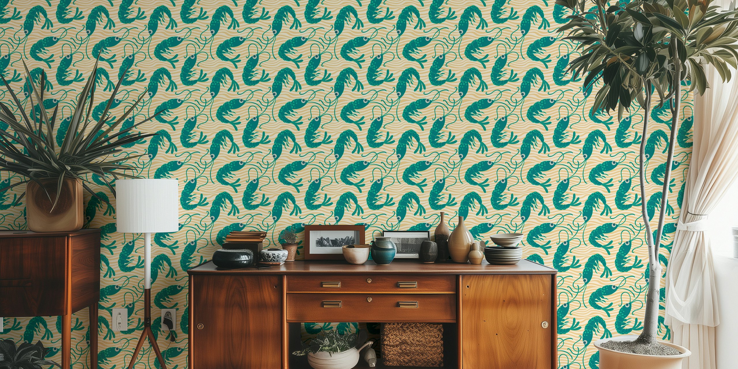 Coastal shrimp wallpaper design in a room