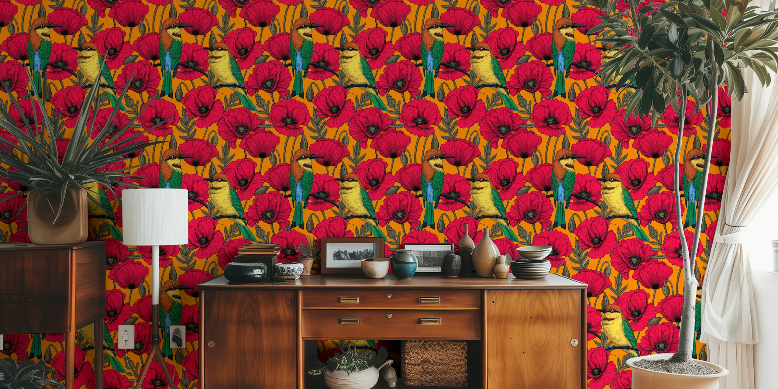 Bee eaters and poppies wallpaper design