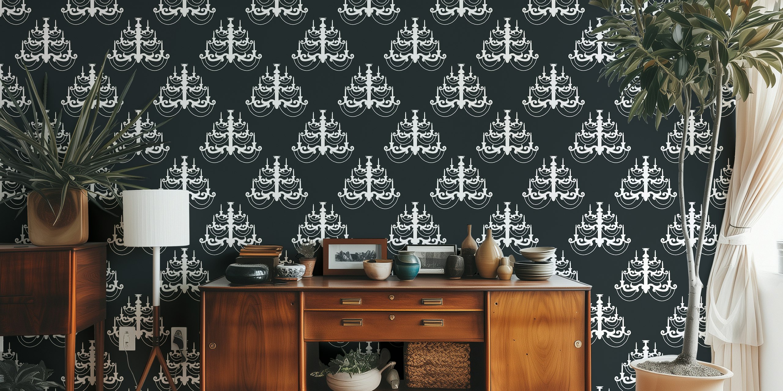 White chandelier pattern on black background wallpaper