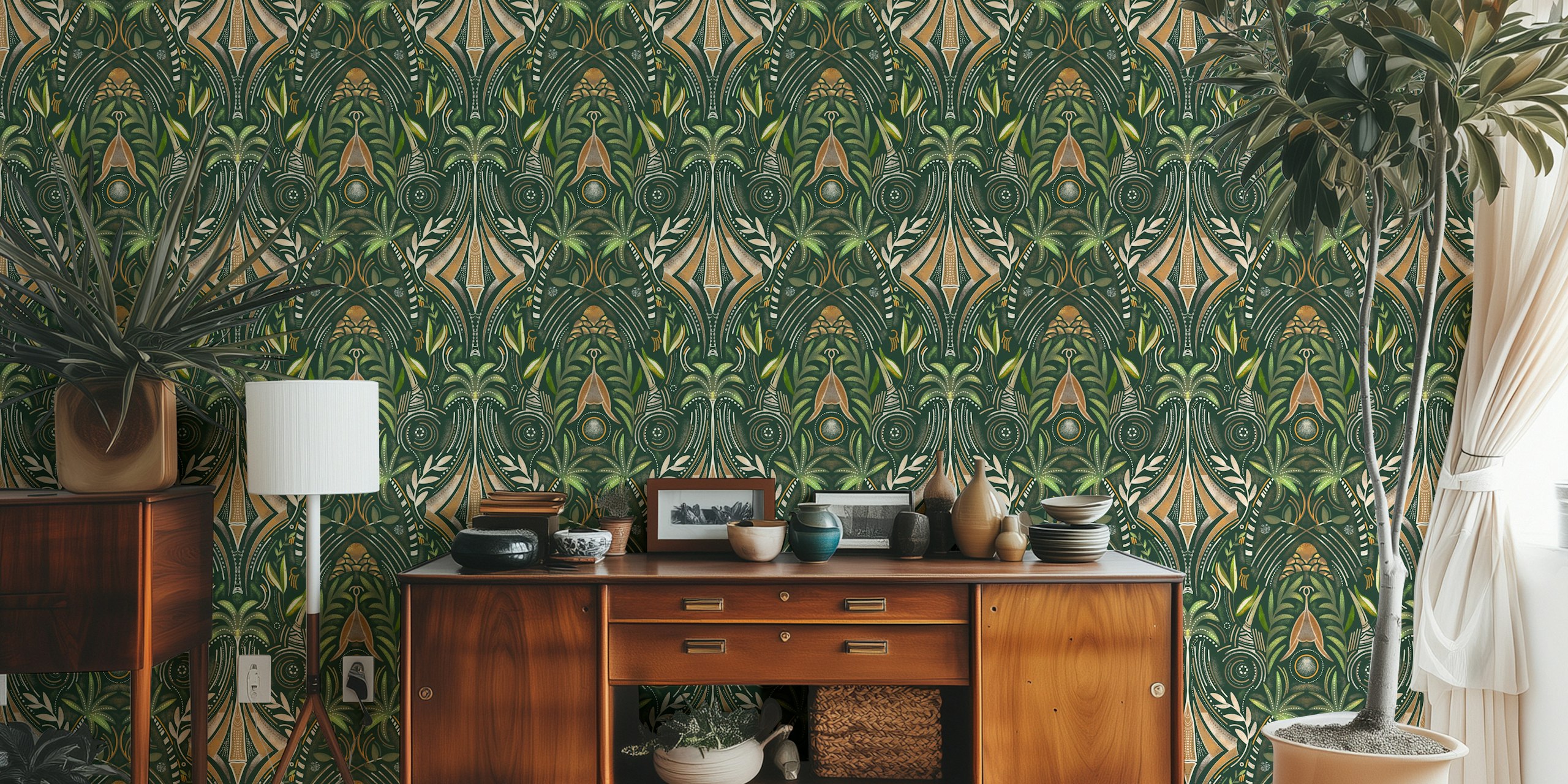 Tropical palm leaves with tribal patterns wall mural