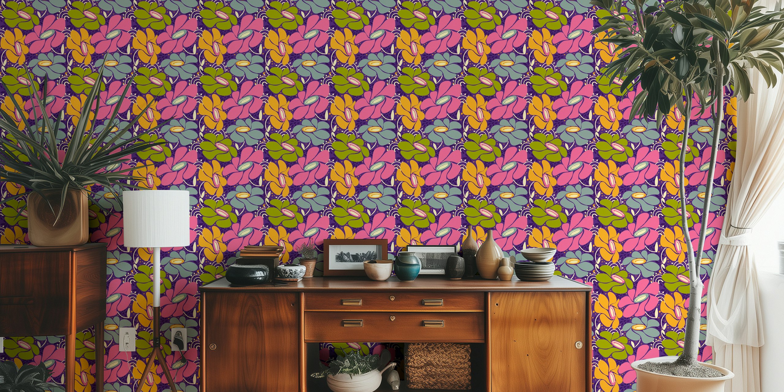 Colorful 70s floral wallpaper pattern