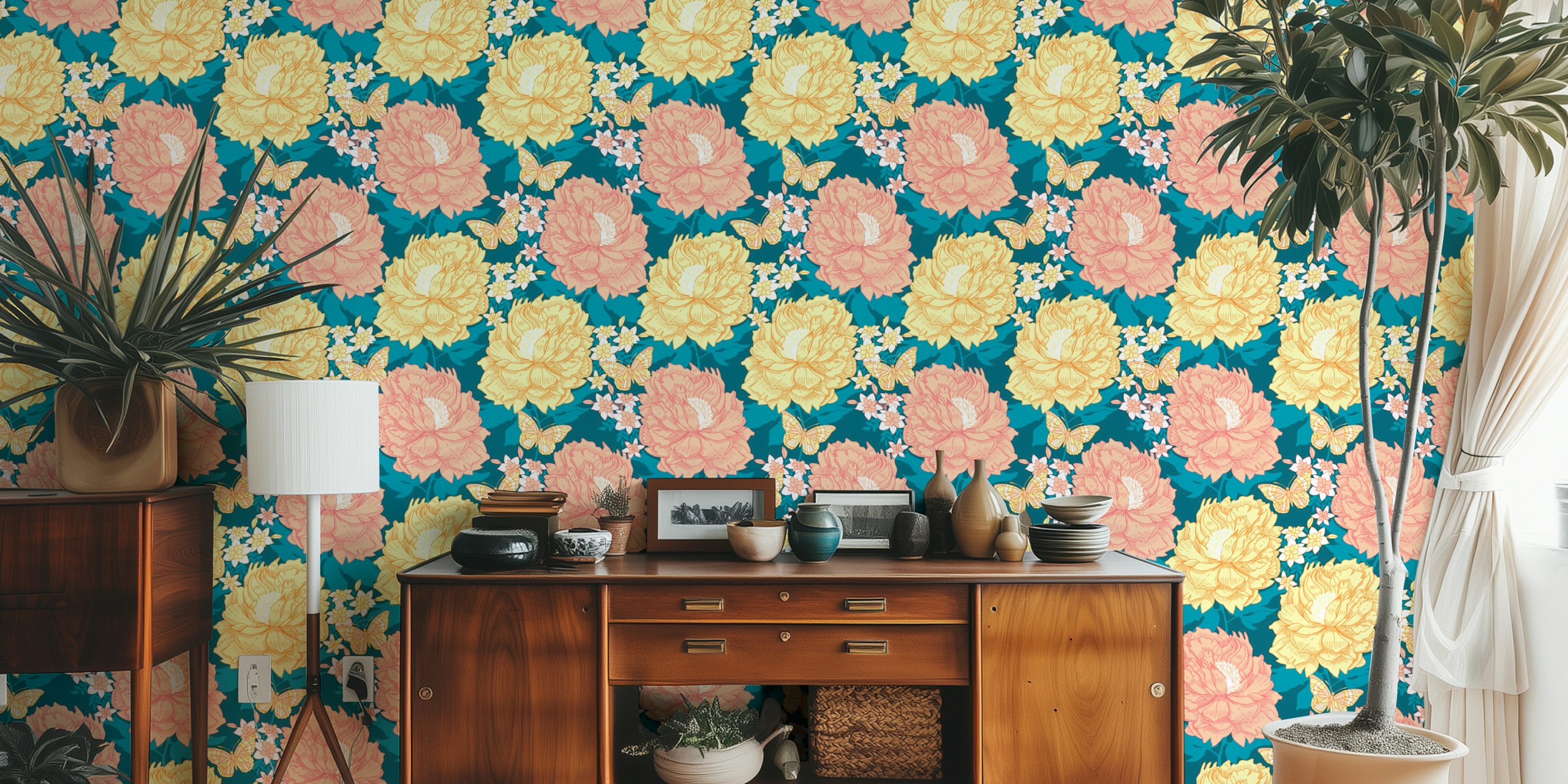 Lush peony flowers wallpaper in a room