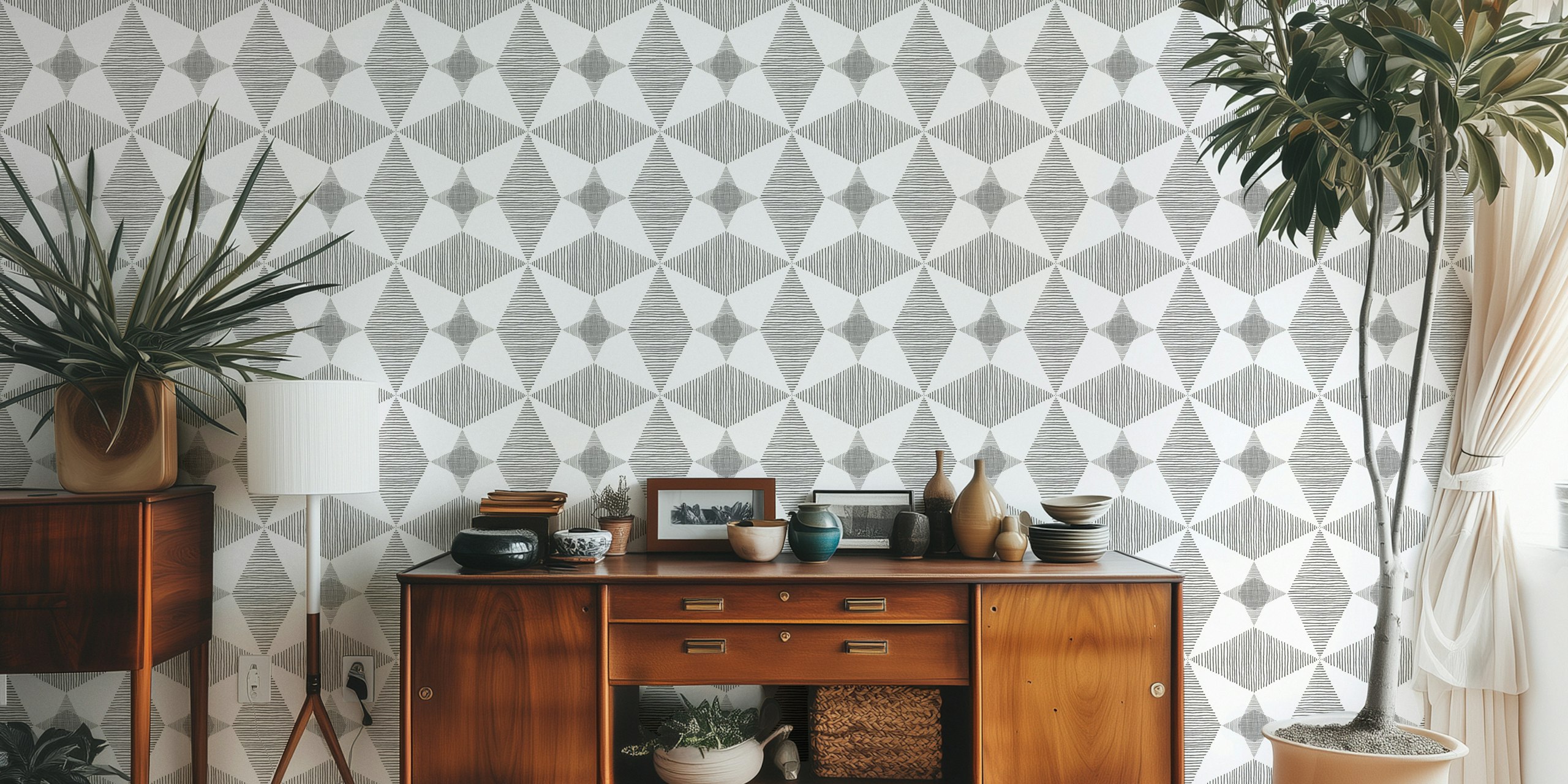 Geometric black and white design with stars and stripes wallpaper
