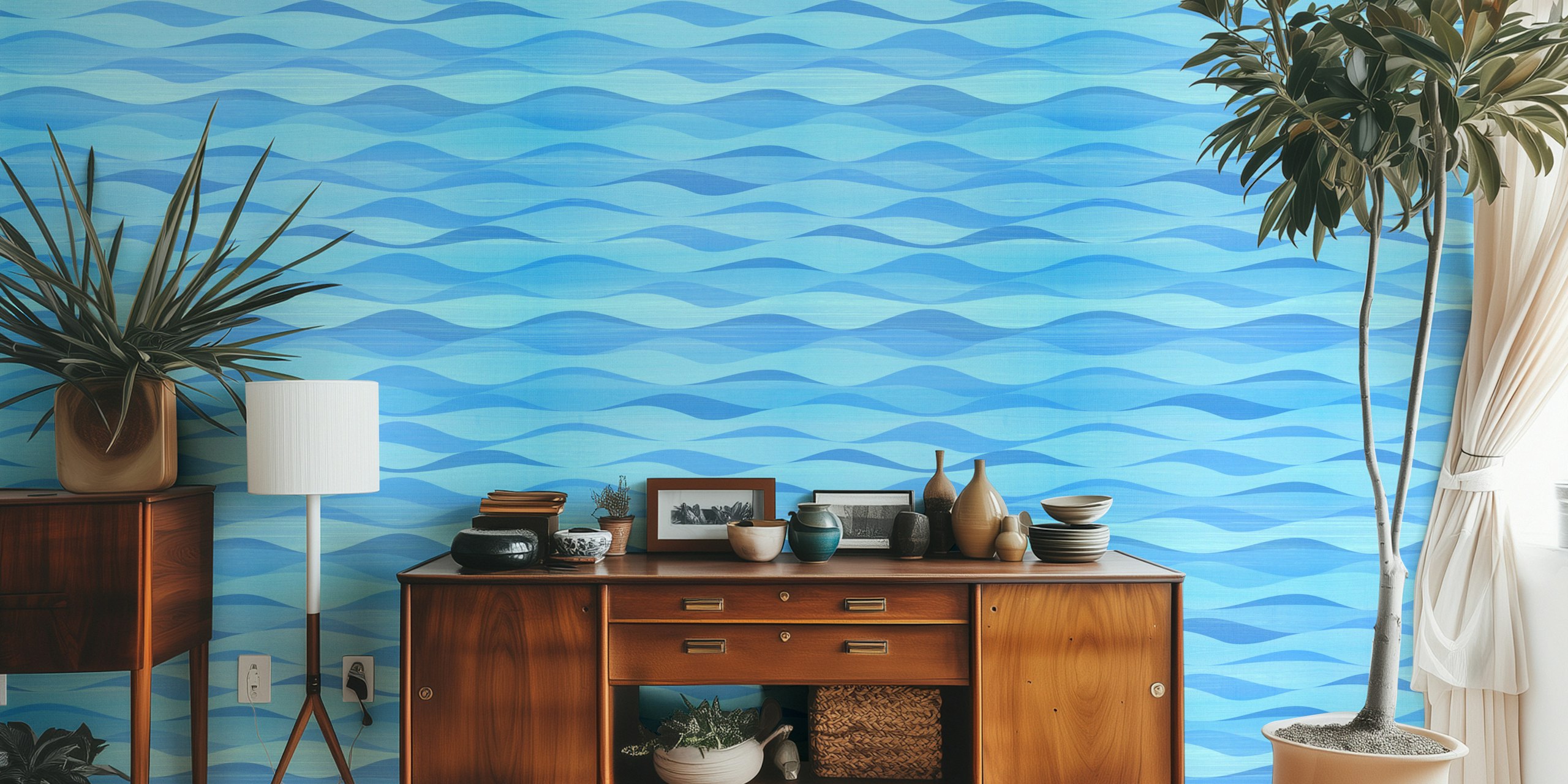 Wavy design in various blue shades wallpaper