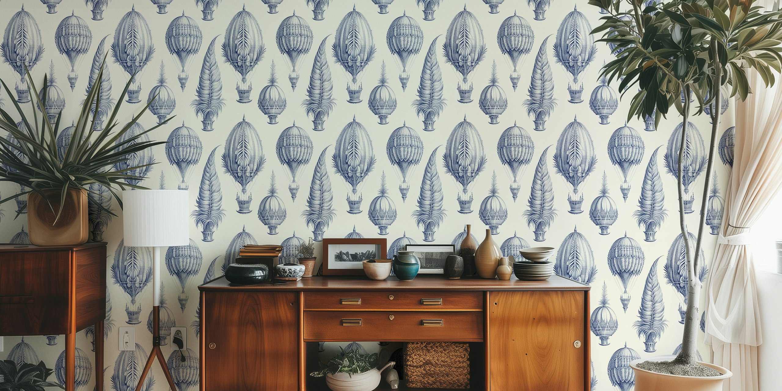 Delft blue hot air balloons pattern wall mural