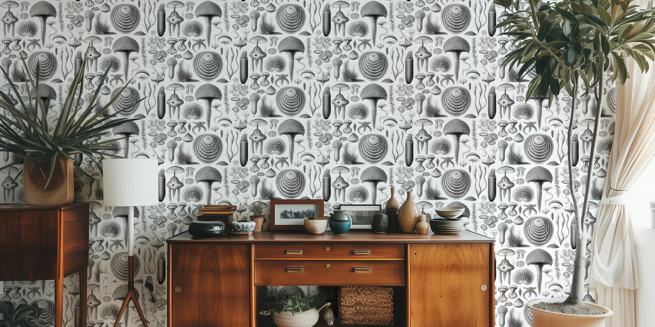 Botanical black and white wallpaper featuring detailed mushrooms and sea life