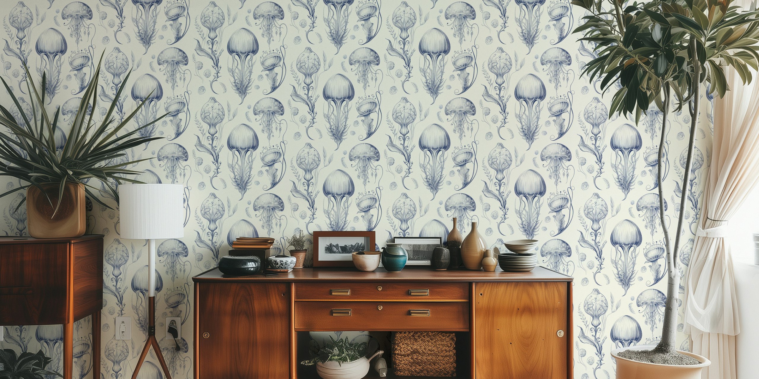 Fotomural medusa azul y crema de Delft con un estampado sereno
